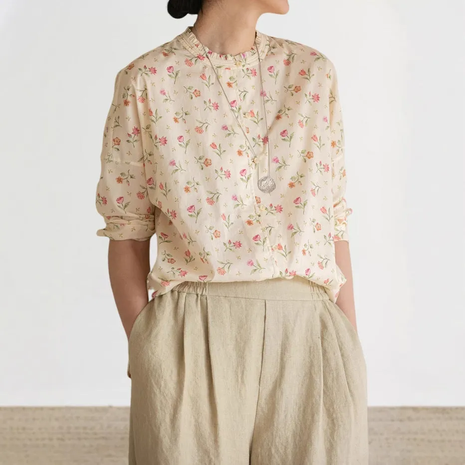 2025 popular shirts, ramie printed shirts, thin coats, classic literary floral tops and shirts