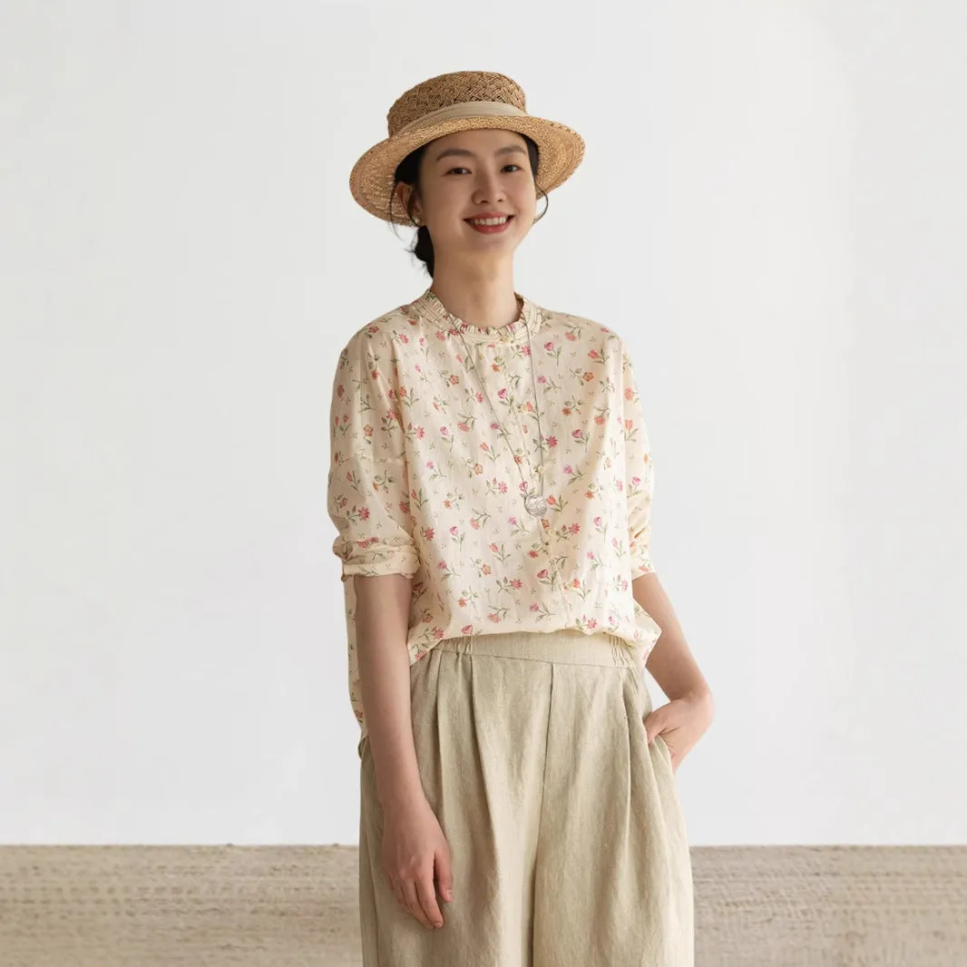 2025 popular shirts, ramie printed shirts, thin coats, classic literary floral tops and shirts