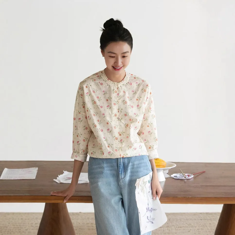 2025 popular shirts, ramie printed shirts, thin coats, classic literary floral tops and shirts
