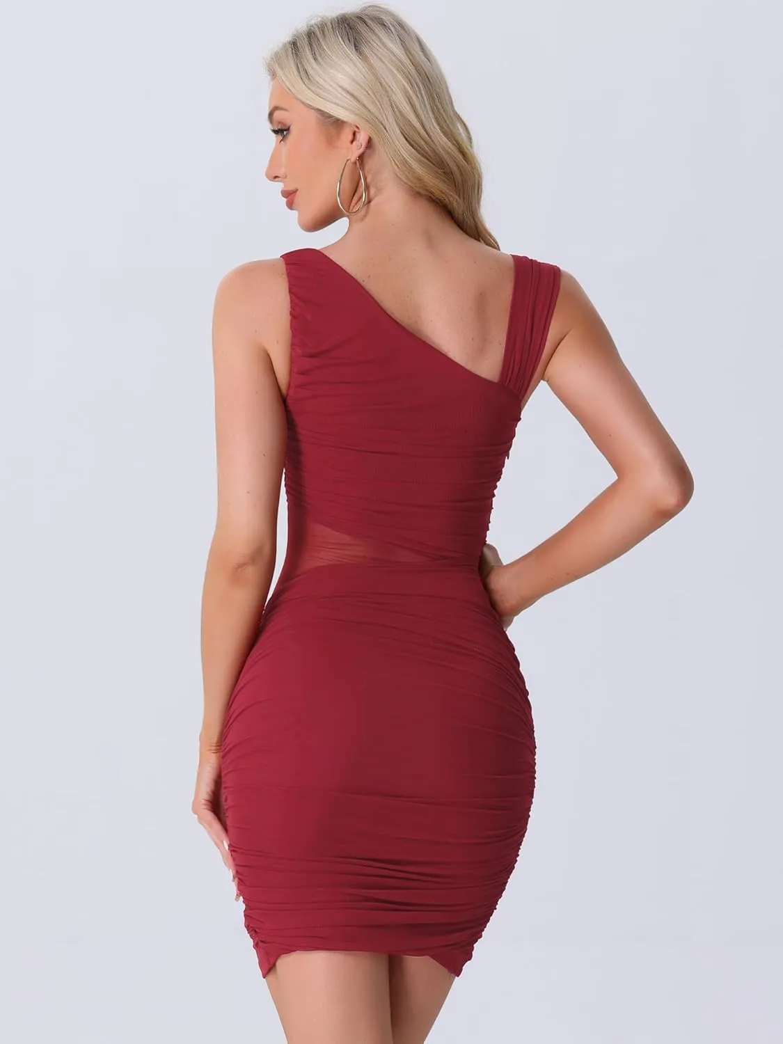Allegra K Sleeveless Party Dress for Women's Asymmetrical Neck Ruched Mini Dresses