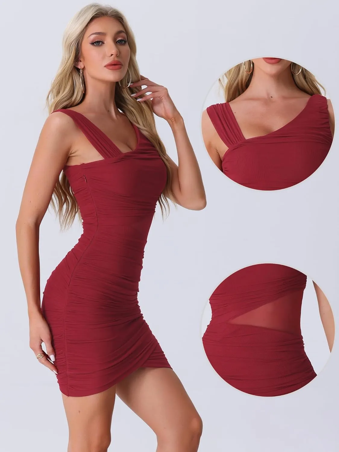 Allegra K Sleeveless Party Dress for Women's Asymmetrical Neck Ruched Mini Dresses