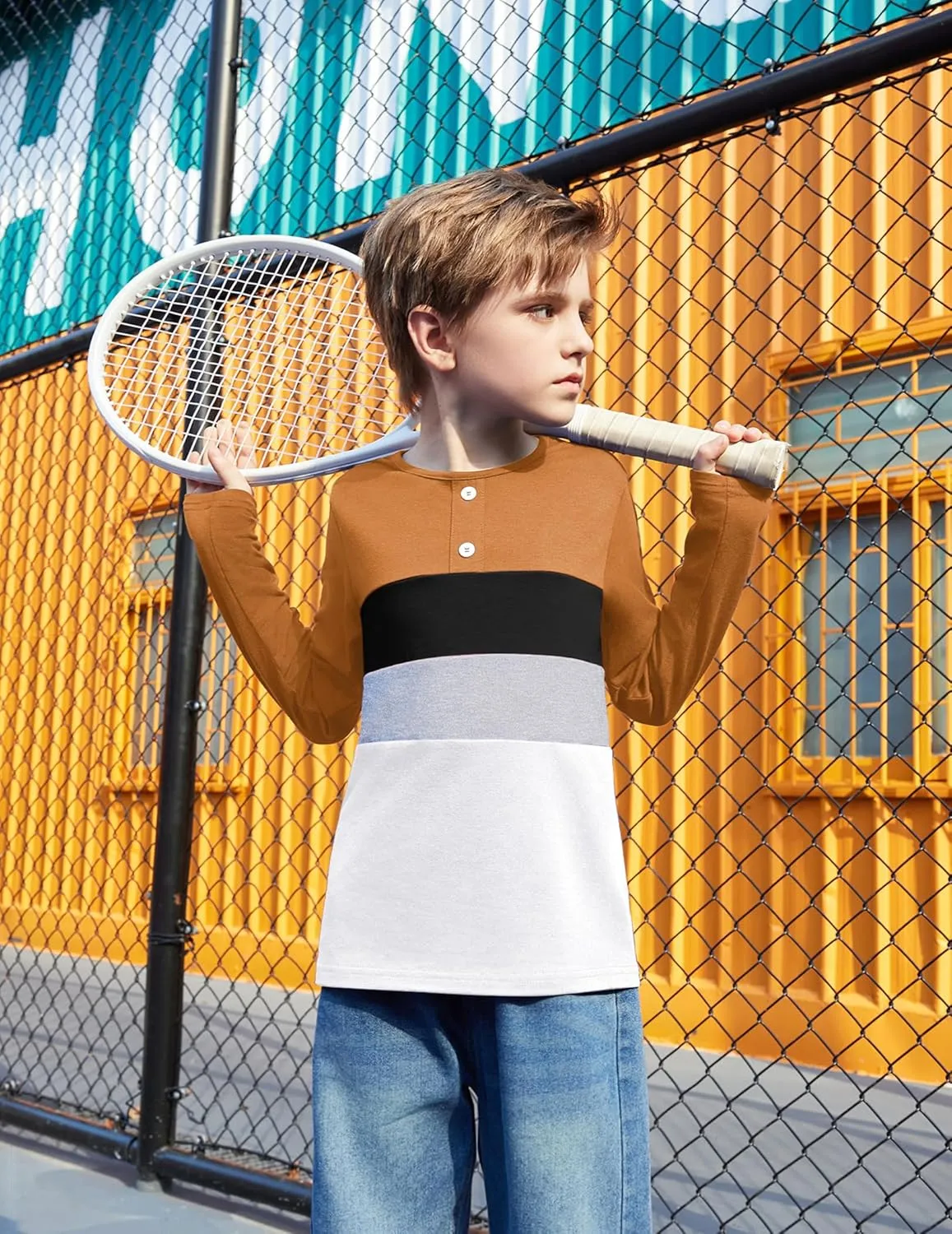 Arshiner Kids Boys Henley Shirts Cotton Long Sleeve Crewneck T-Shirts Color Block Tee Tops 3-12 Years