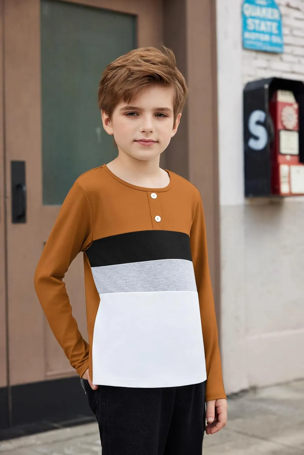 Arshiner Kids Boys Henley Shirts Cotton Long Sleeve Crewneck T-Shirts Color Block Tee Tops 3-12 Years