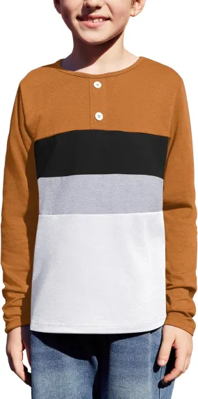 Arshiner Kids Boys Henley Shirts Cotton Long Sleeve Crewneck T-Shirts Color Block Tee Tops 3-12 Years