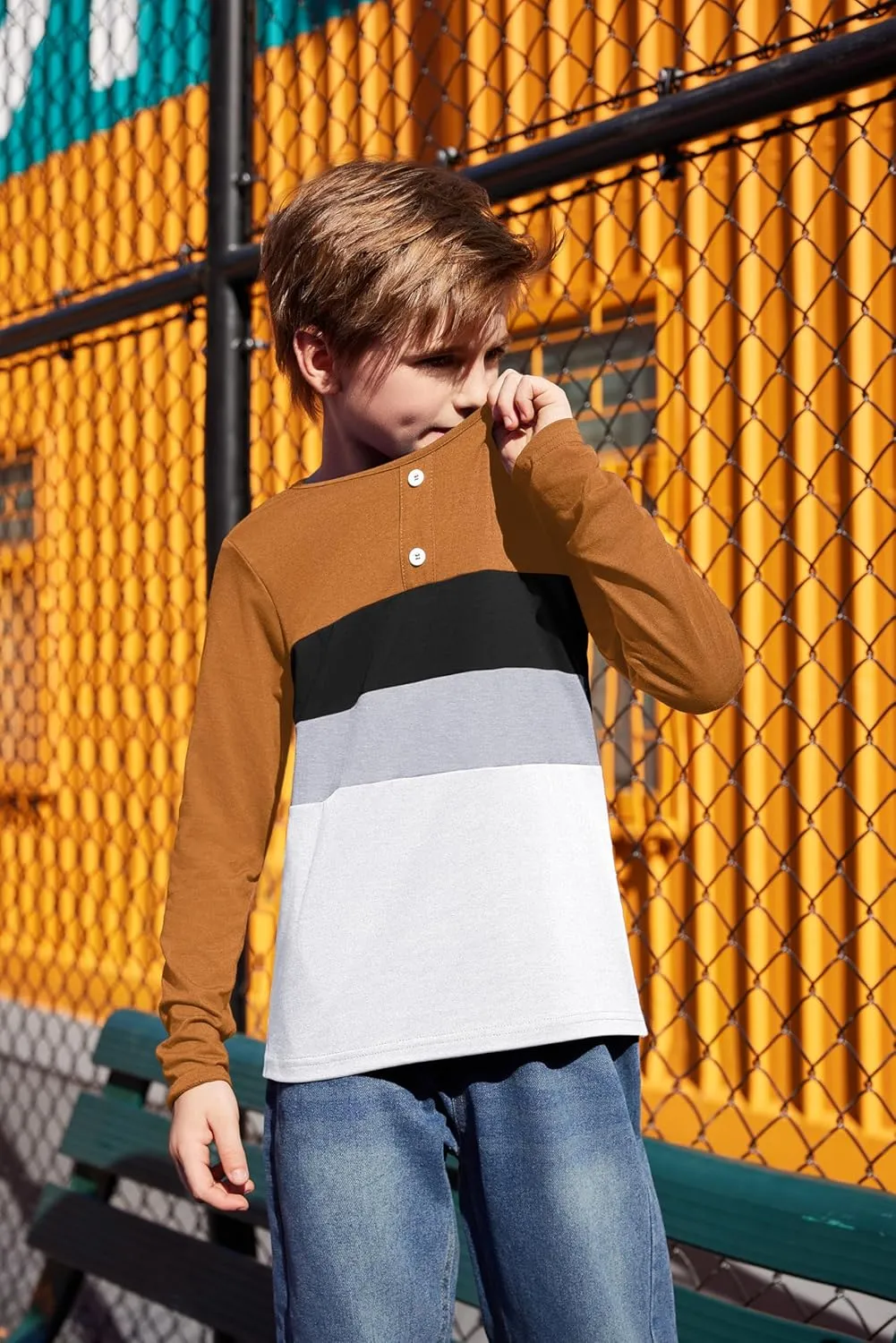 Arshiner Kids Boys Henley Shirts Cotton Long Sleeve Crewneck T-Shirts Color Block Tee Tops 3-12 Years