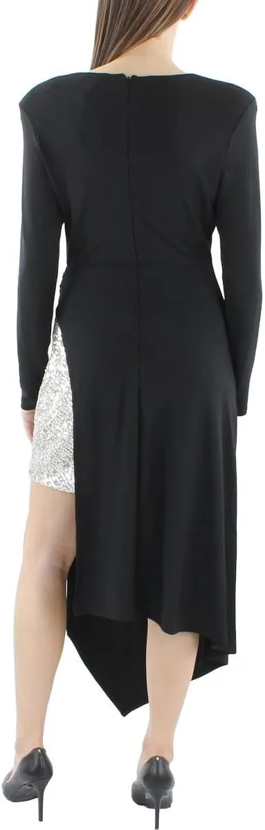 BCBGMAXAZRIA Women's Long Sleeve Overlay Midi Dress with Asymmetrical Hem