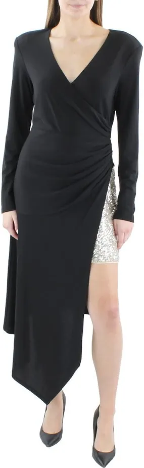 BCBGMAXAZRIA Women's Long Sleeve Overlay Midi Dress with Asymmetrical Hem