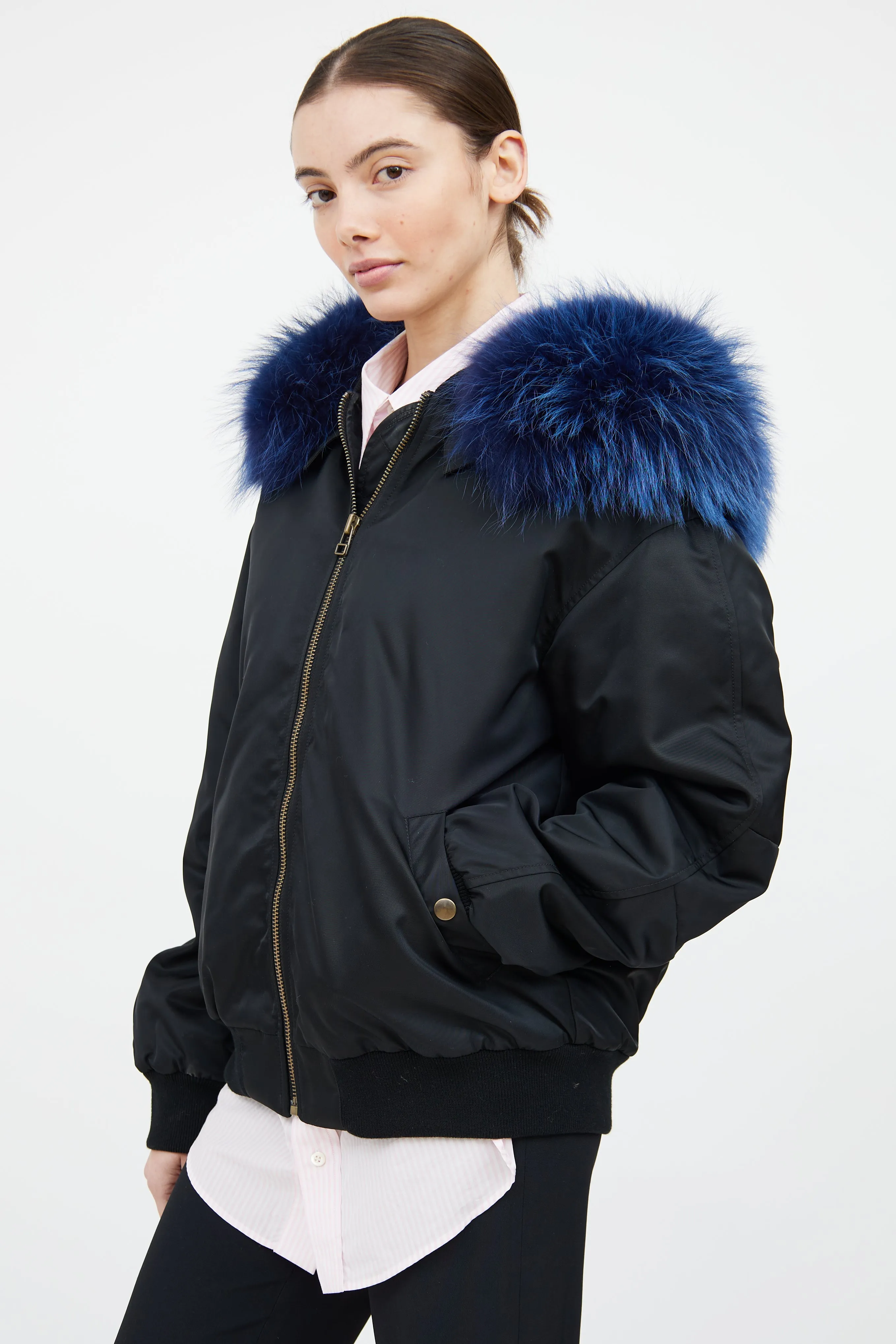 Black & Blue Fur Trim Bomber Jacket