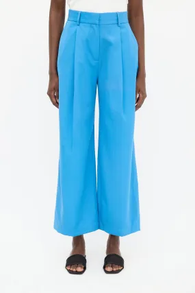 Blue Wool Pleated Wide Leg Trouser