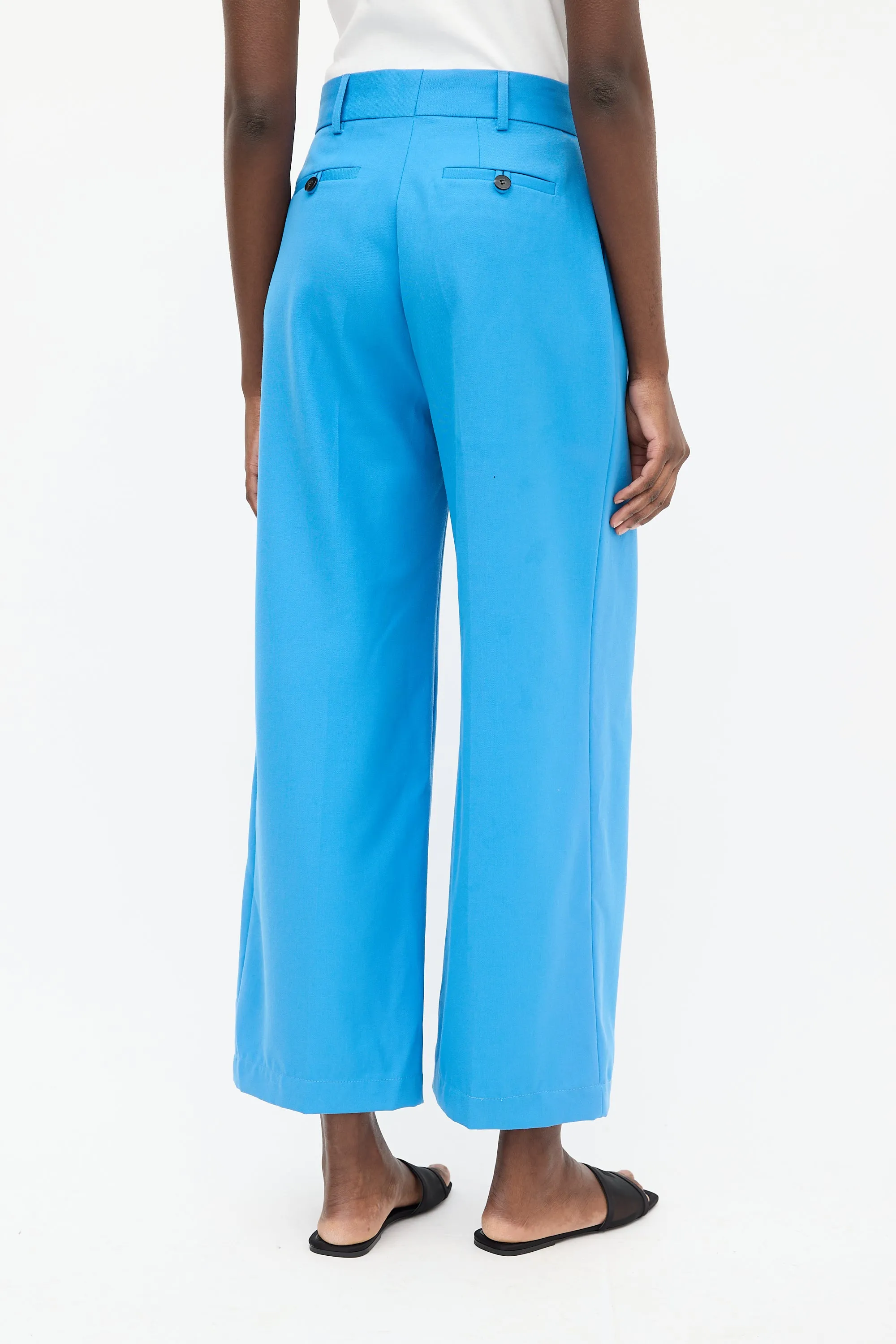 Blue Wool Pleated Wide Leg Trouser