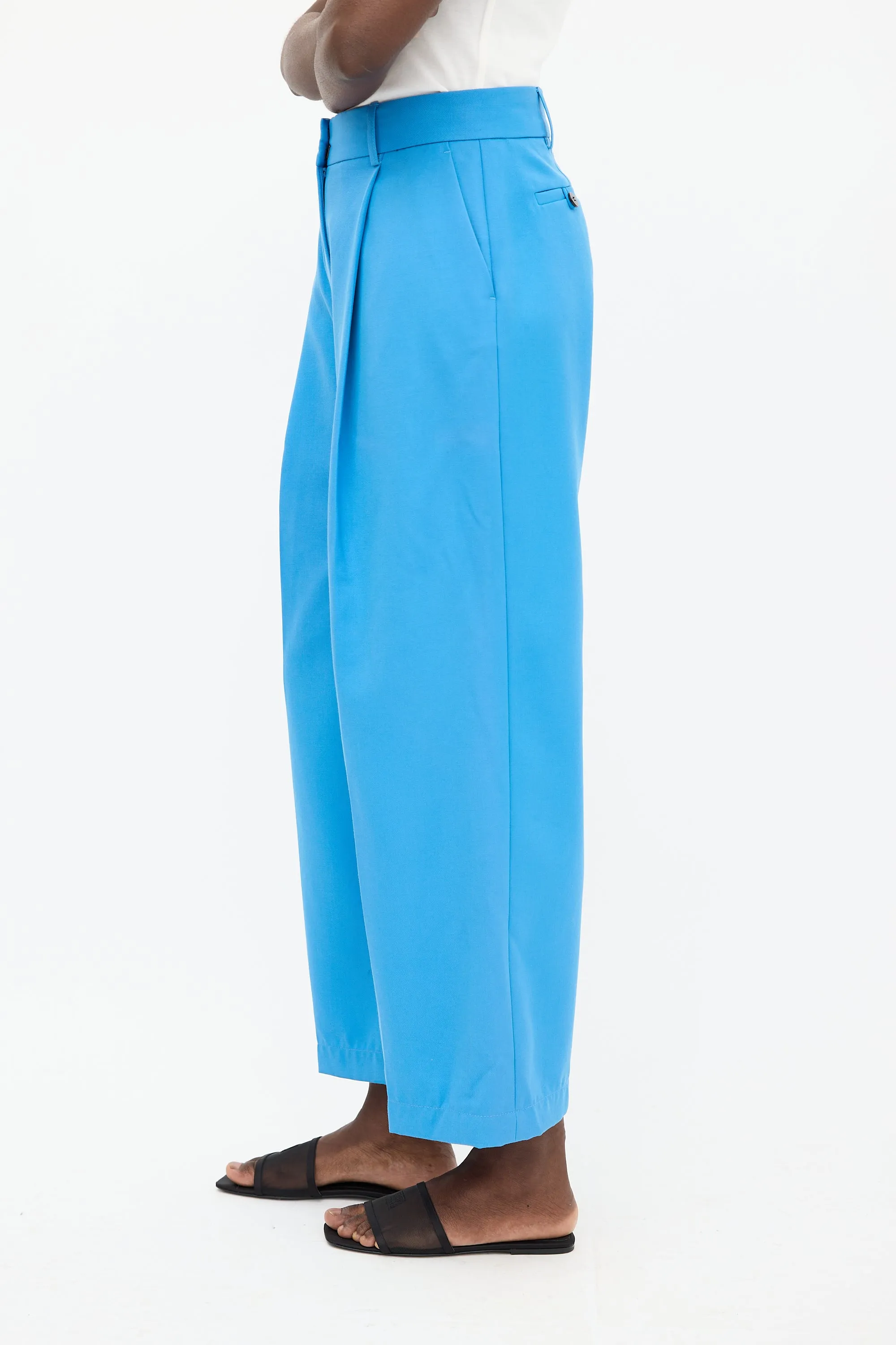 Blue Wool Pleated Wide Leg Trouser