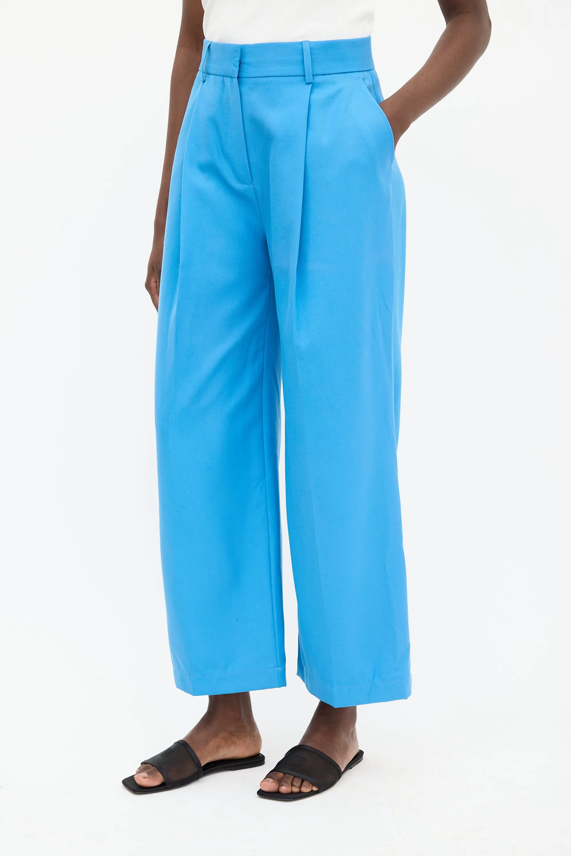 Blue Wool Pleated Wide Leg Trouser