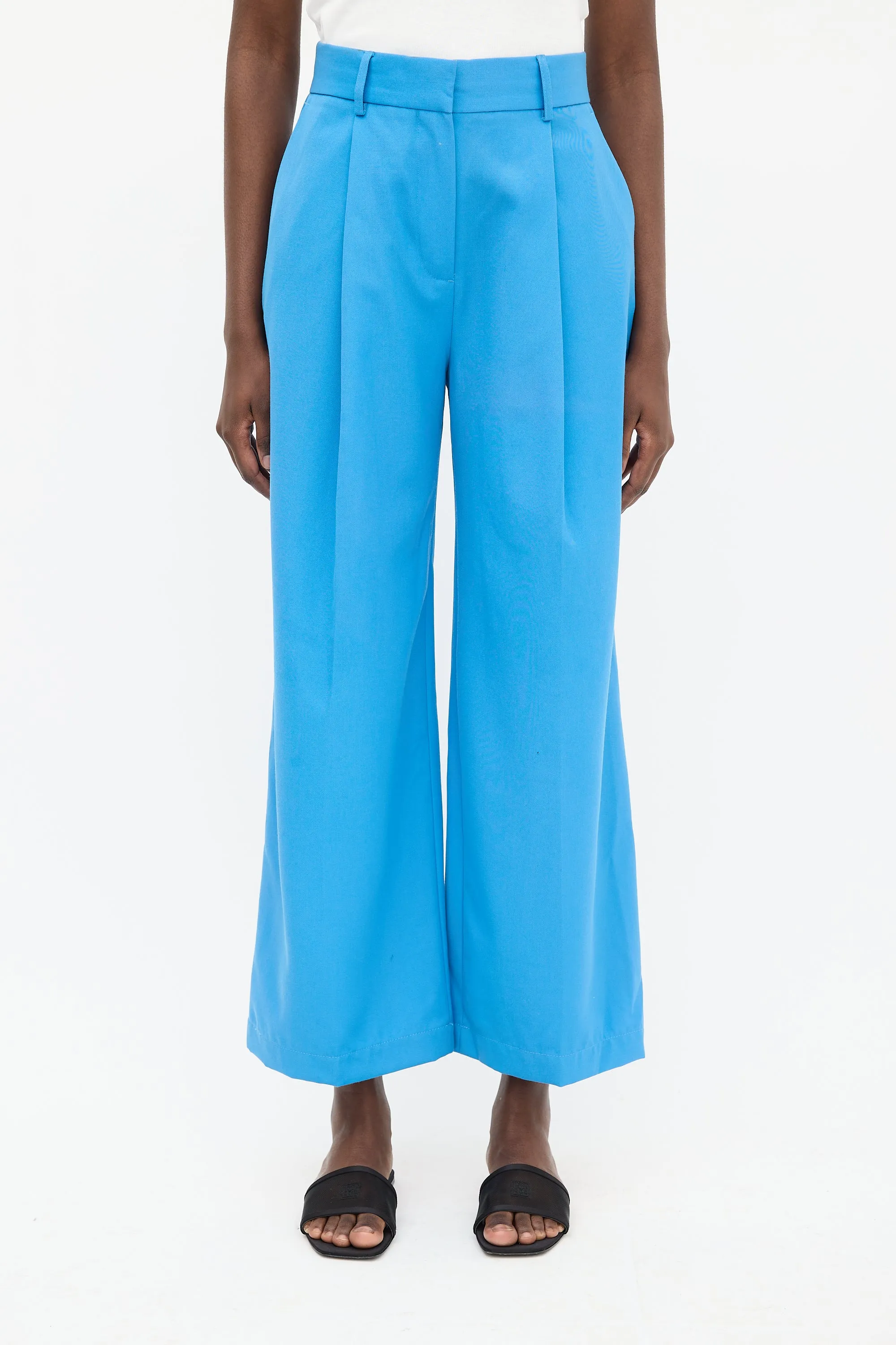 Blue Wool Pleated Wide Leg Trouser