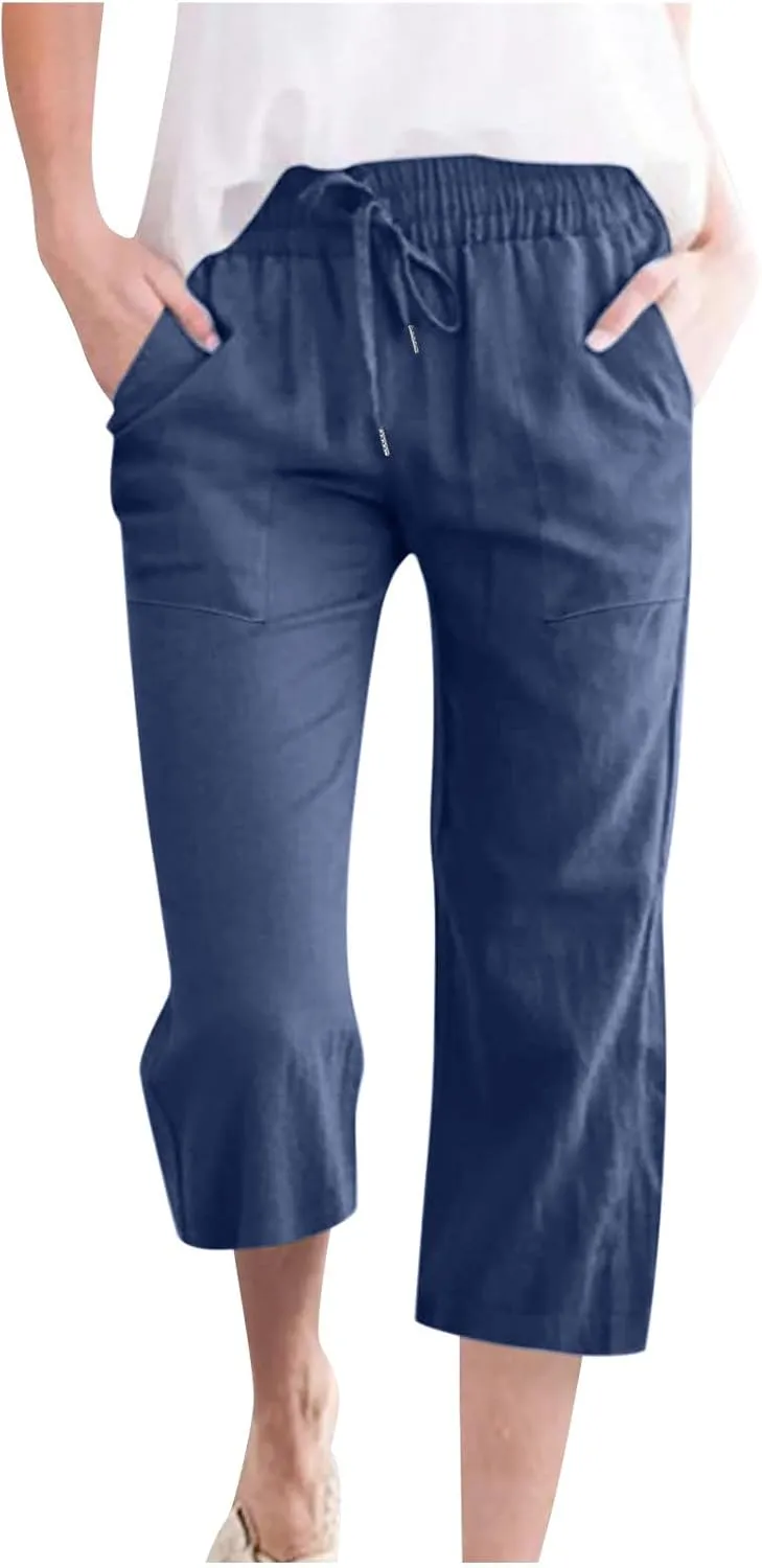 Capri Pants for Women Casual Summer Cropped Pants Cotton Linen Capris Straight Wide Leg Pants Trousers with Pockets
