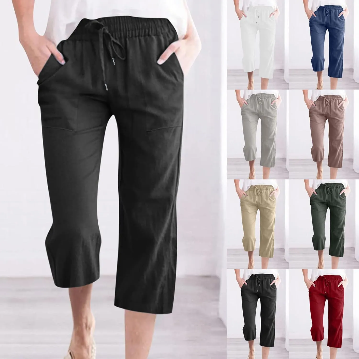 Capri Pants for Women Casual Summer Cropped Pants Cotton Linen Capris Straight Wide Leg Pants Trousers with Pockets