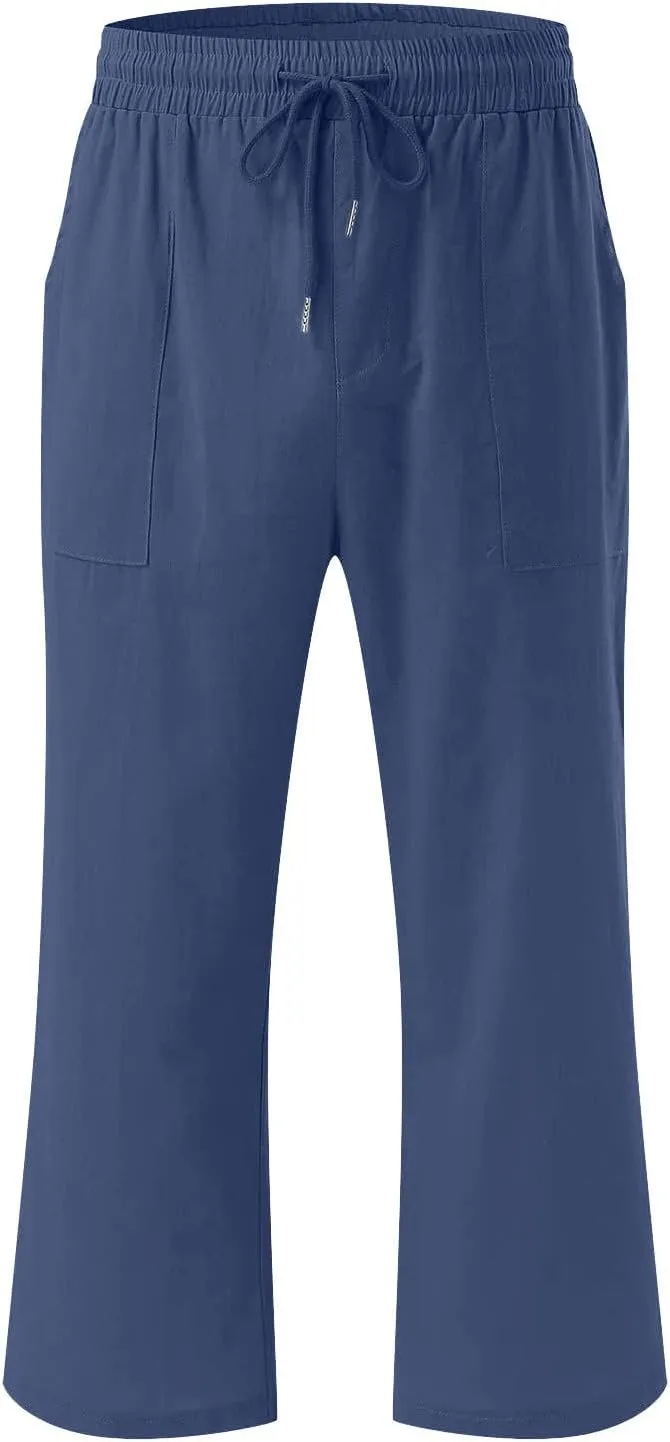 Capri Pants for Women Casual Summer Cropped Pants Cotton Linen Capris Straight Wide Leg Pants Trousers with Pockets