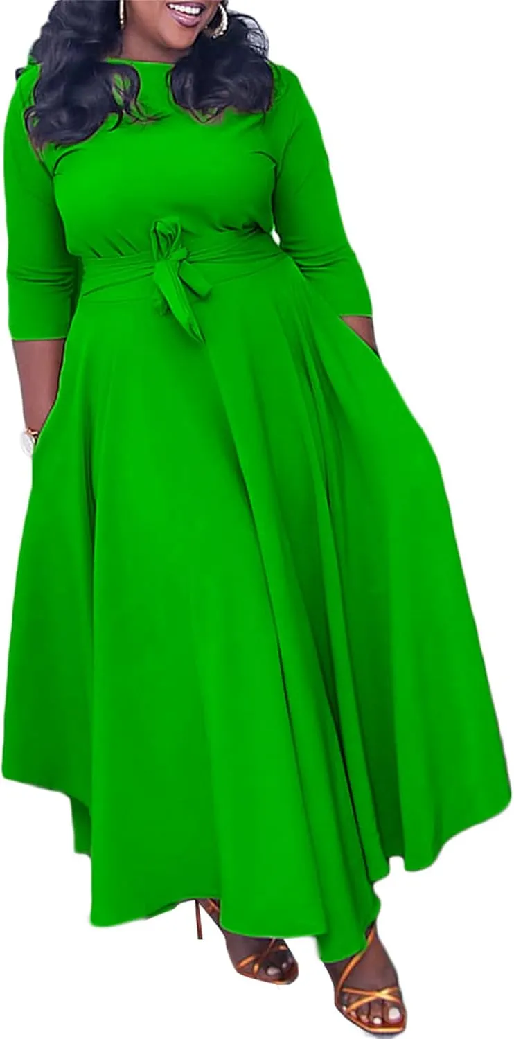 Casual Plus Size Maxi Dress for Women African Print Long Dress 3/4 Sleeve Flowy Ruffle Dress with Belt 2025 Fashion