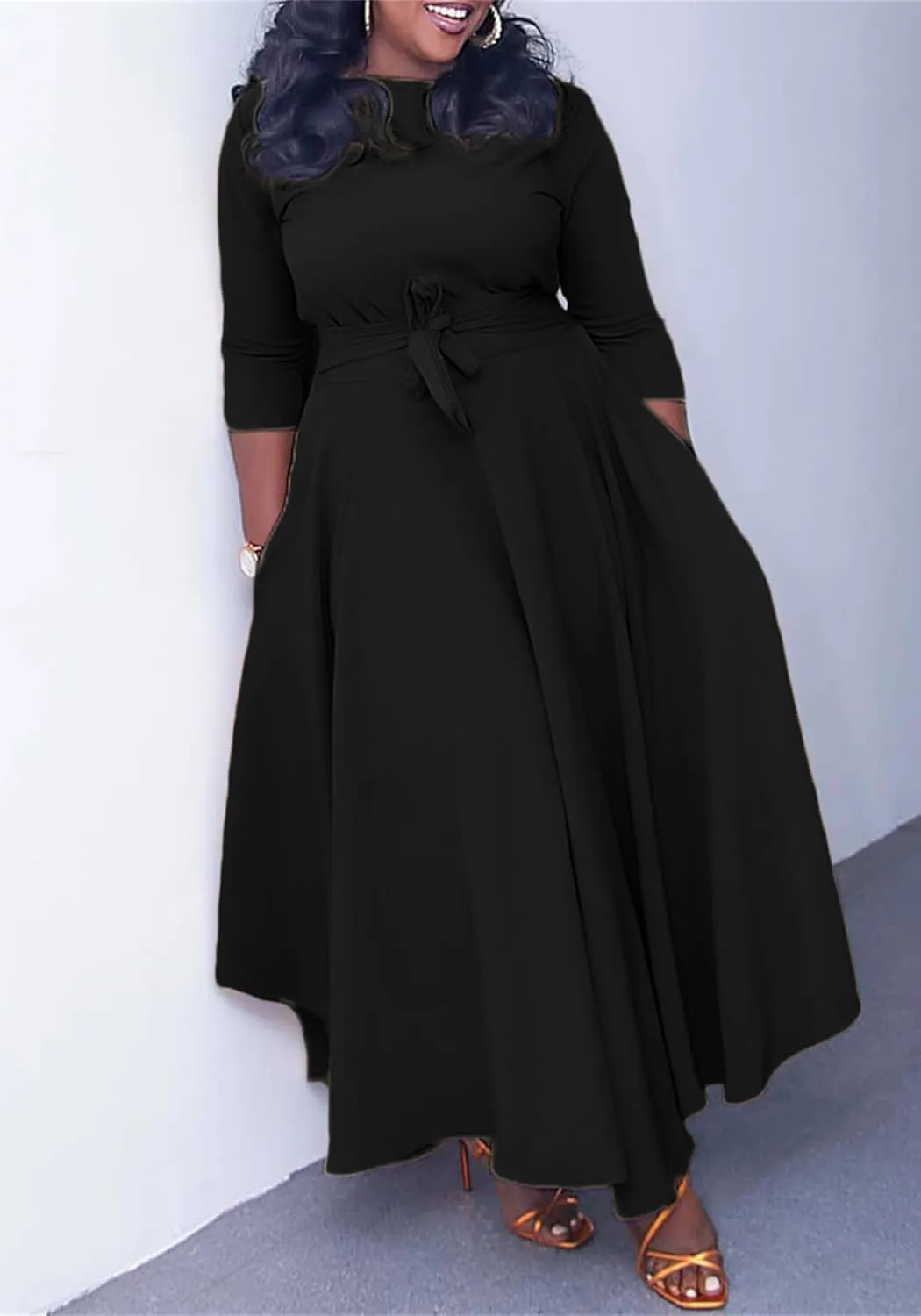 Casual Plus Size Maxi Dress for Women African Print Long Dress 3/4 Sleeve Flowy Ruffle Dress with Belt 2025 Fashion