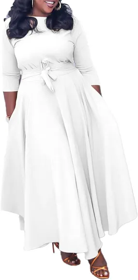 Casual Plus Size Maxi Dress for Women African Print Long Dress 3/4 Sleeve Flowy Ruffle Dress with Belt 2025 Fashion