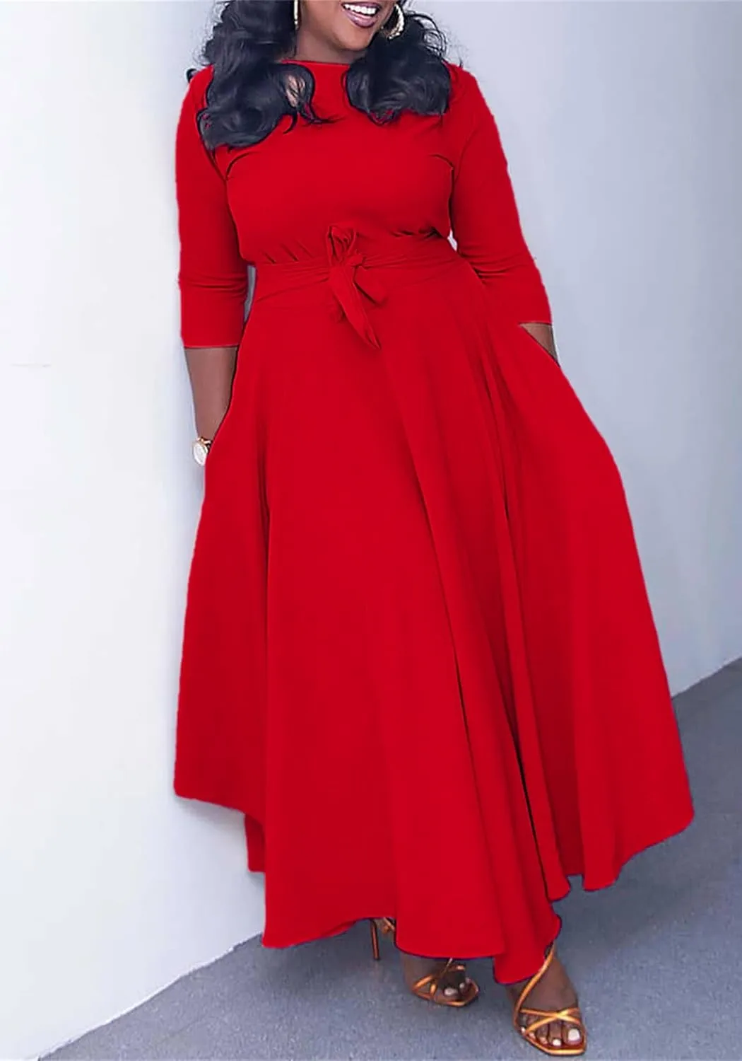 Casual Plus Size Maxi Dress for Women African Print Long Dress 3/4 Sleeve Flowy Ruffle Dress with Belt 2025 Fashion