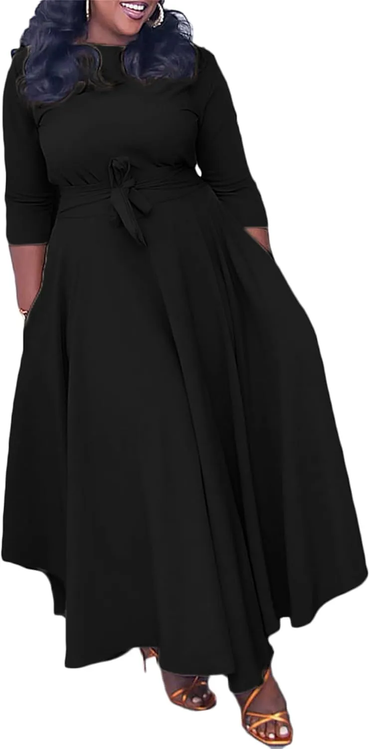 Casual Plus Size Maxi Dress for Women African Print Long Dress 3/4 Sleeve Flowy Ruffle Dress with Belt 2025 Fashion