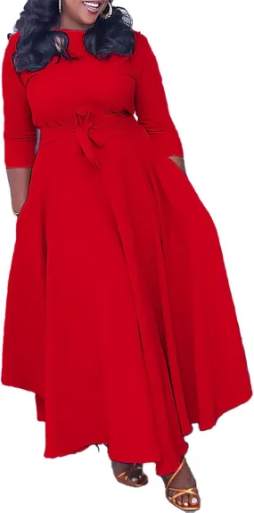 Casual Plus Size Maxi Dress for Women African Print Long Dress 3/4 Sleeve Flowy Ruffle Dress with Belt 2025 Fashion