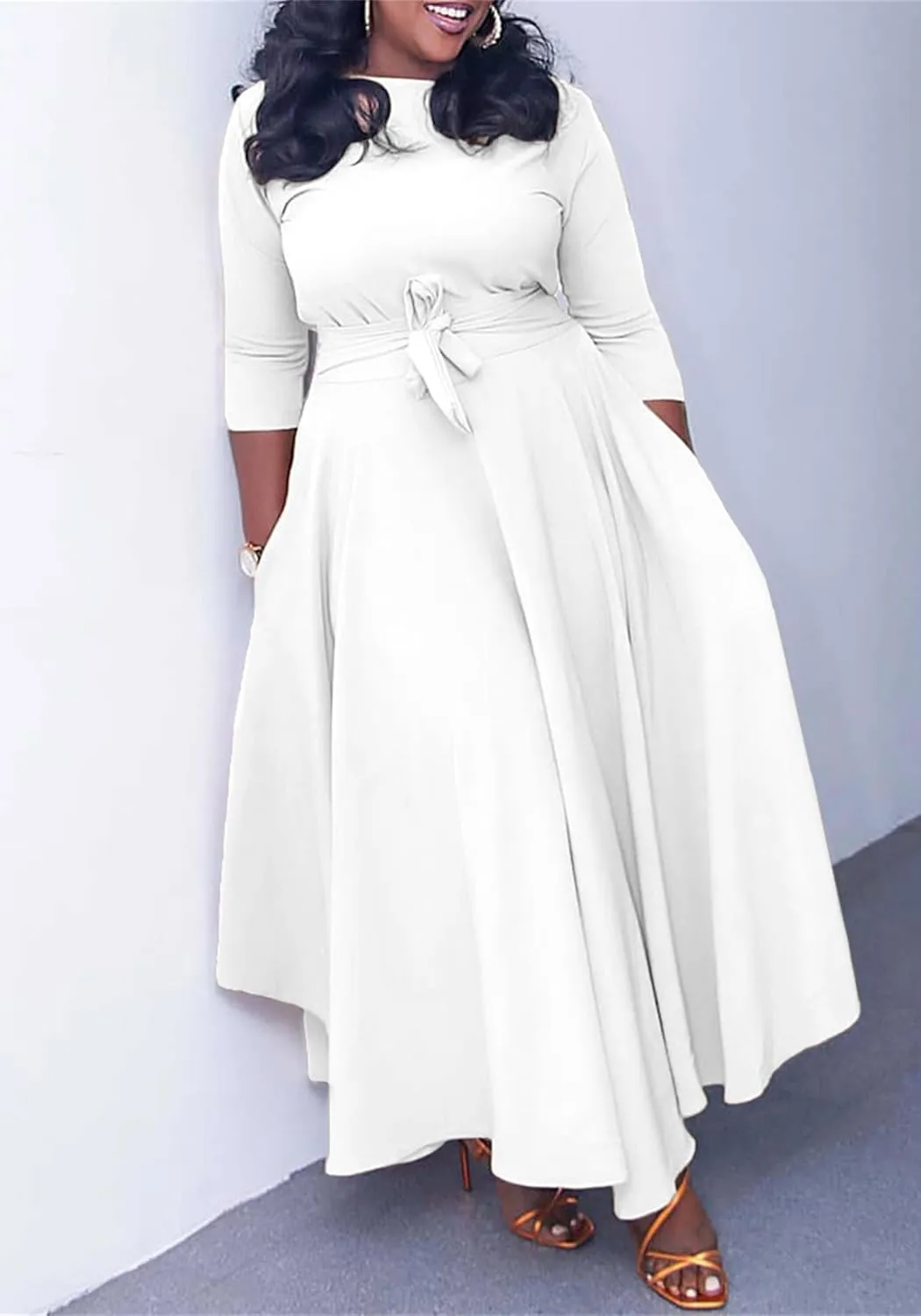Casual Plus Size Maxi Dress for Women African Print Long Dress 3/4 Sleeve Flowy Ruffle Dress with Belt 2025 Fashion