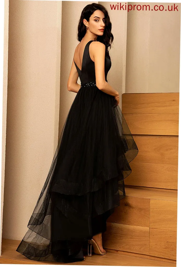 Cecilia V-neck With Beading Prom Dresses Tulle Asymmetrical A-Line