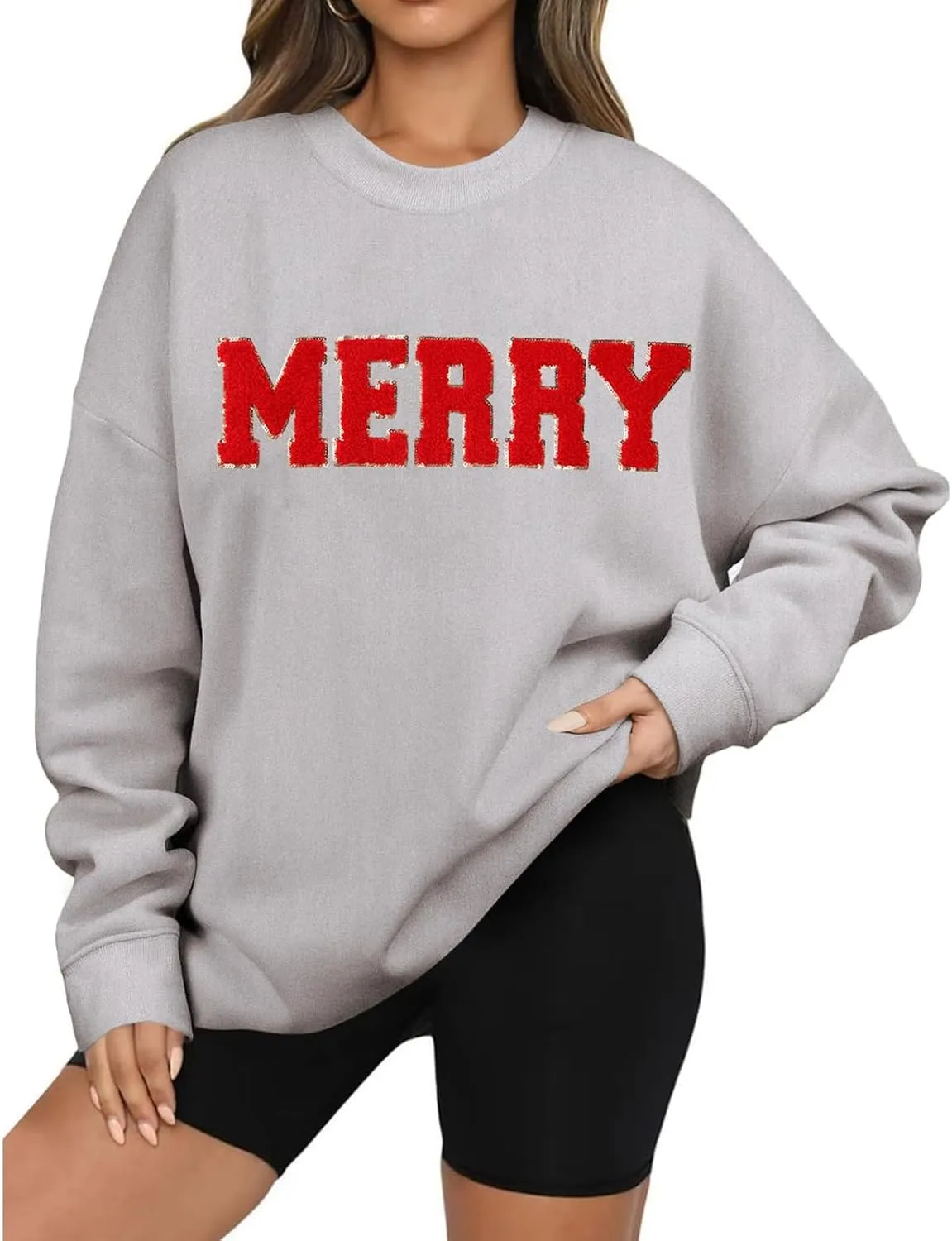 Christmas Sweatshirts for Women Oversized Merry Letter Graphic Sweatshirt Chenille Patch Pullover Funny Xmas Tops