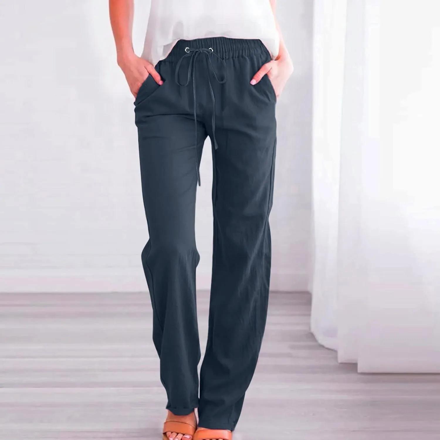 Cotton Linen Pants for Women Plus Size Straight Leg Sweatpants Summer Cropped Elastic Waist Trousers with Pockets