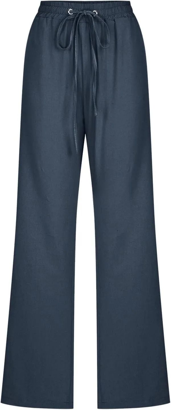 Cotton Linen Pants for Women Plus Size Straight Leg Sweatpants Summer Cropped Elastic Waist Trousers with Pockets