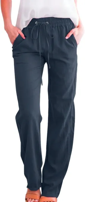 Cotton Linen Pants for Women Plus Size Straight Leg Sweatpants Summer Cropped Elastic Waist Trousers with Pockets