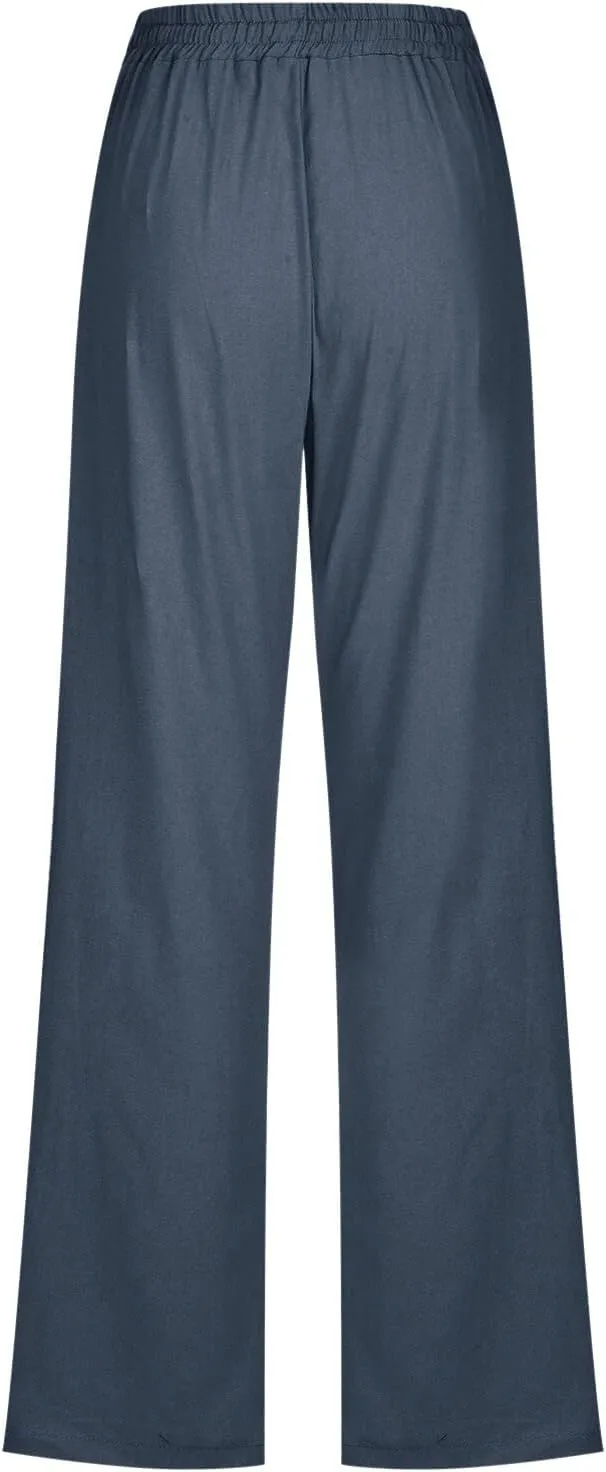 Cotton Linen Pants for Women Plus Size Straight Leg Sweatpants Summer Cropped Elastic Waist Trousers with Pockets