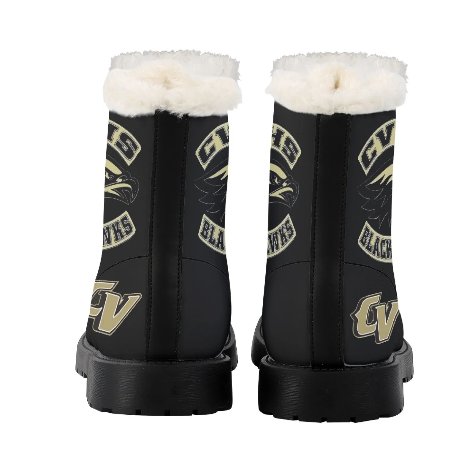 CVHS Seniors Rocker & CV Logo Women's Fur Top Combat Style Boots Blackhawk Gold LA Blue Black White