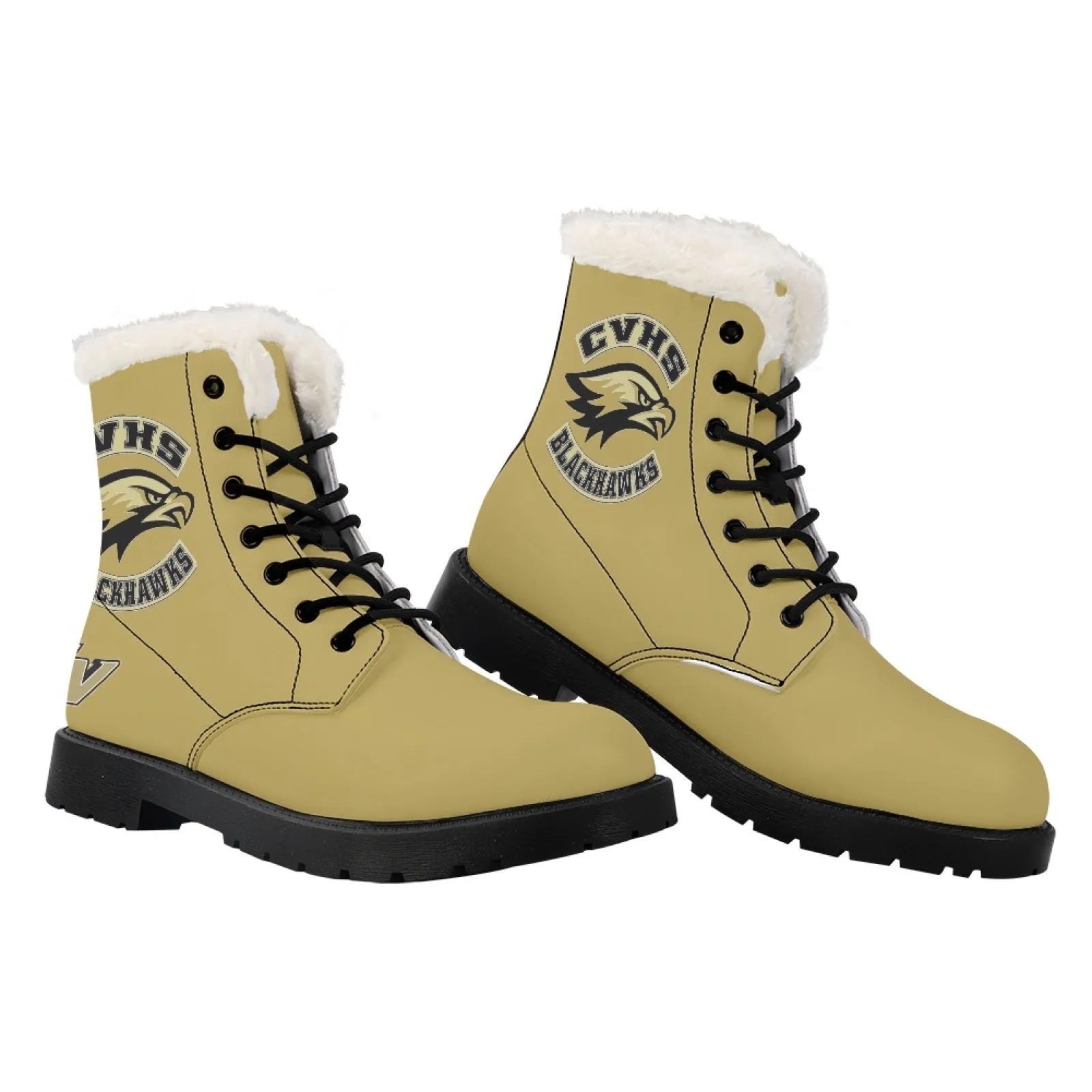 CVHS Seniors Rocker & CV Logo Women's Fur Top Combat Style Boots Blackhawk Gold LA Blue Black White