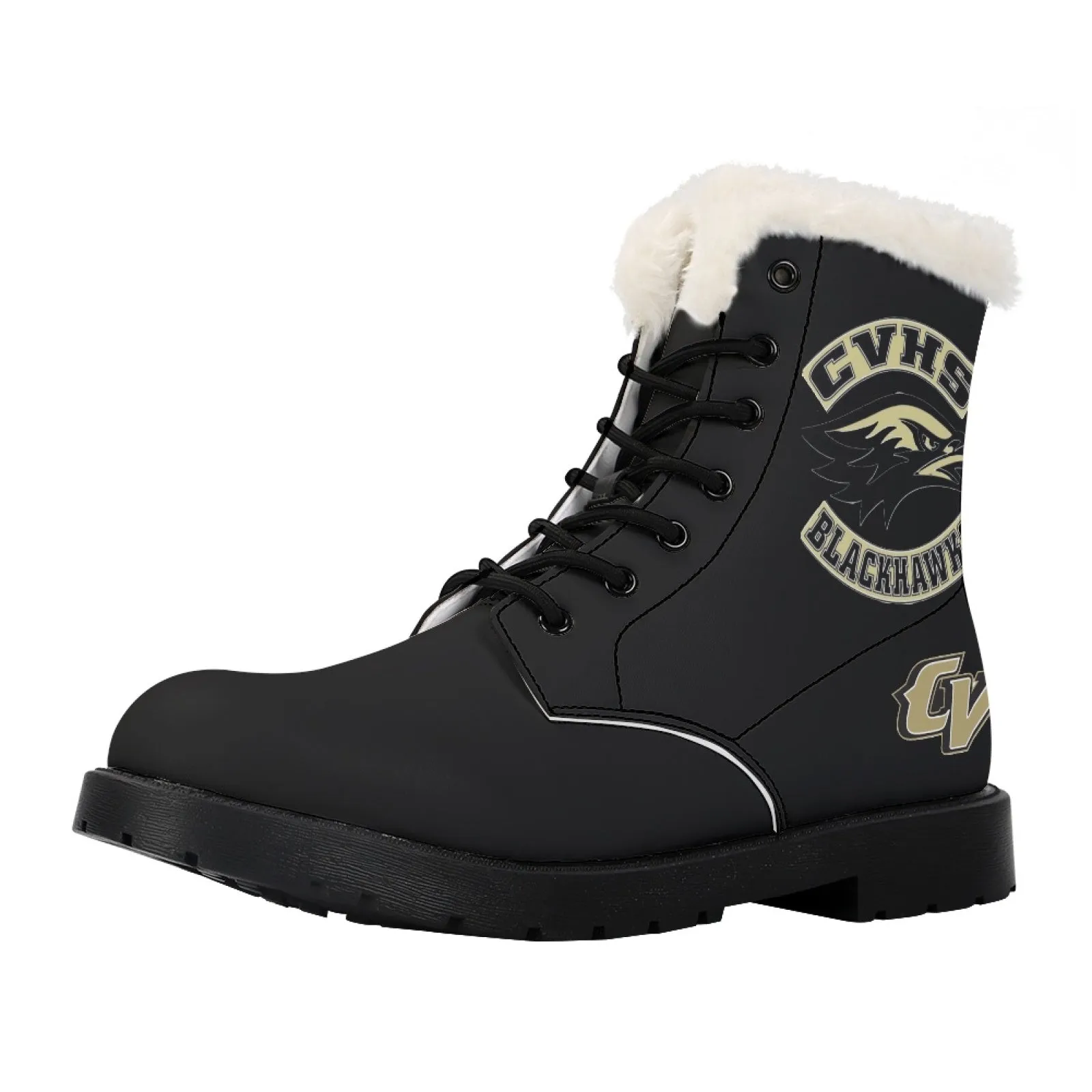 CVHS Seniors Rocker & CV Logo Women's Fur Top Combat Style Boots Blackhawk Gold LA Blue Black White