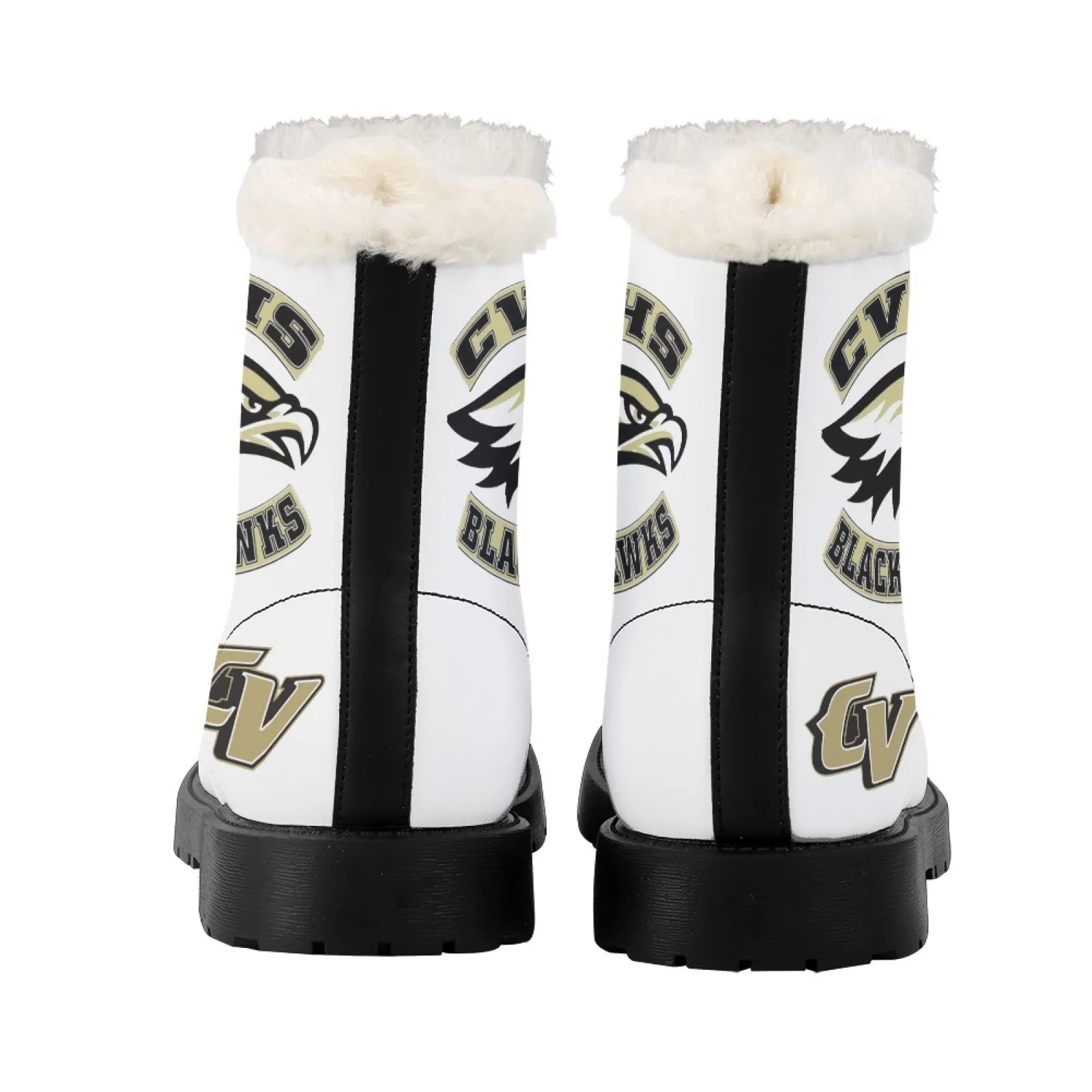 CVHS Seniors Rocker & CV Logo Women's Fur Top Combat Style Boots Blackhawk Gold LA Blue Black White