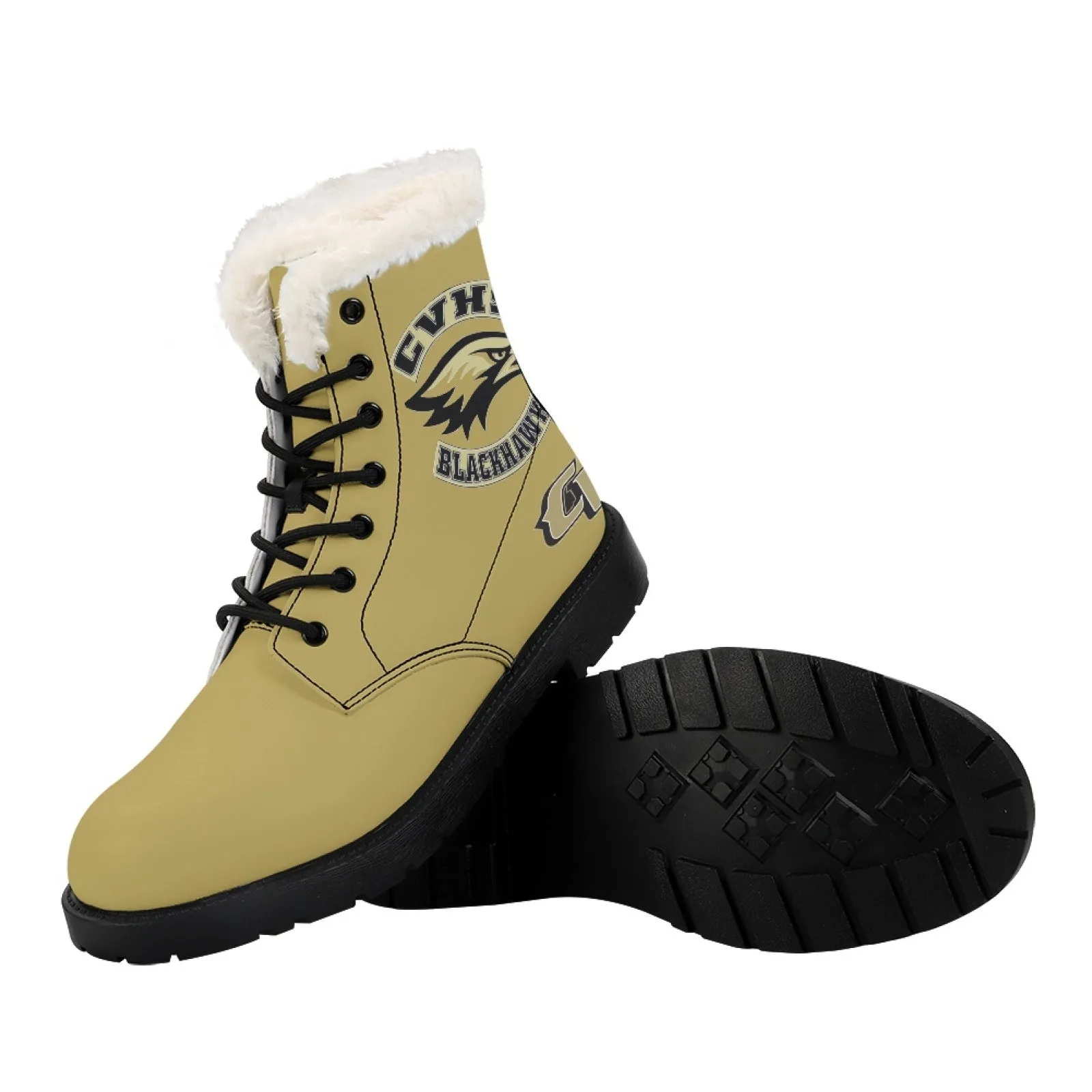 CVHS Seniors Rocker & CV Logo Women's Fur Top Combat Style Boots Blackhawk Gold LA Blue Black White