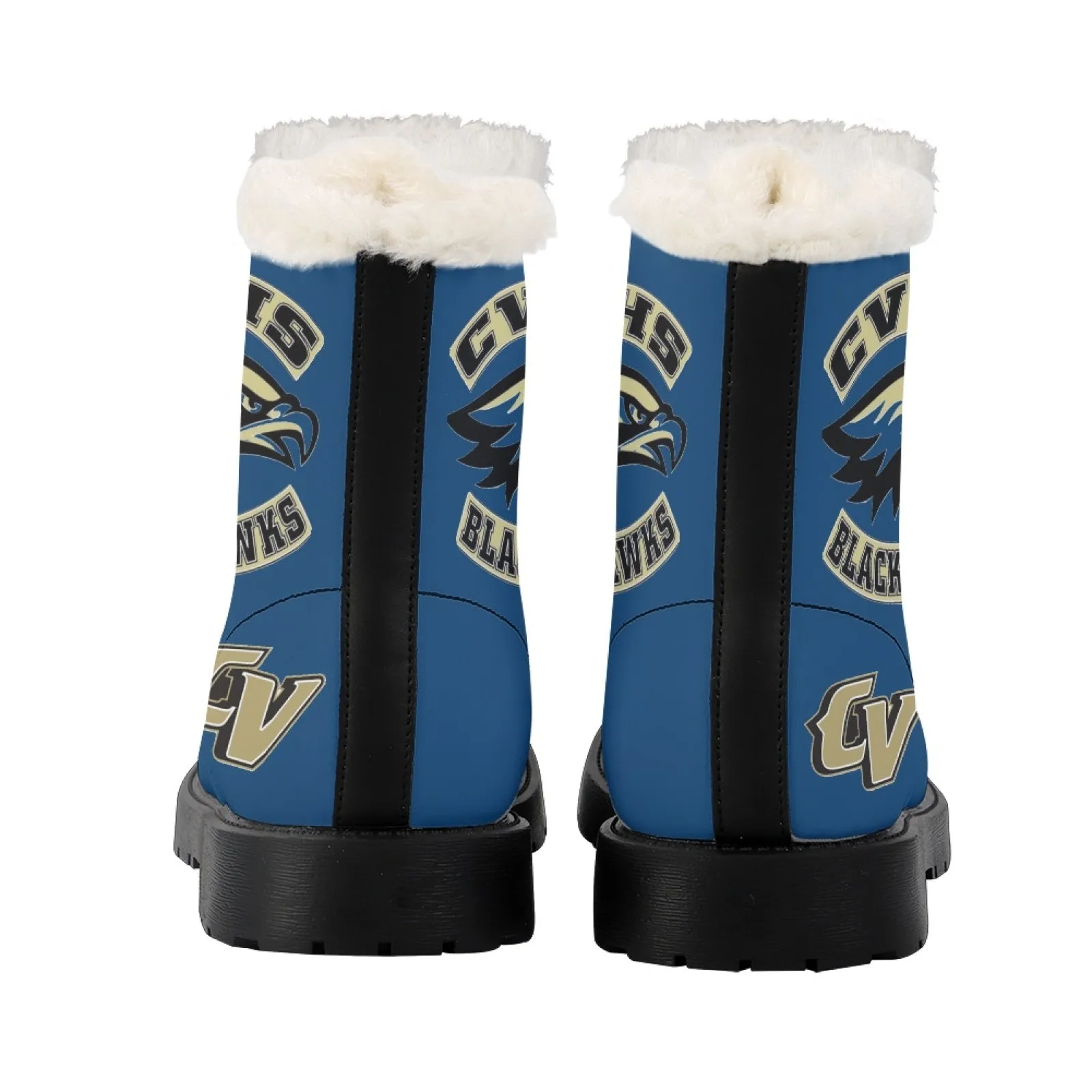 CVHS Seniors Rocker & CV Logo Women's Fur Top Combat Style Boots Blackhawk Gold LA Blue Black White