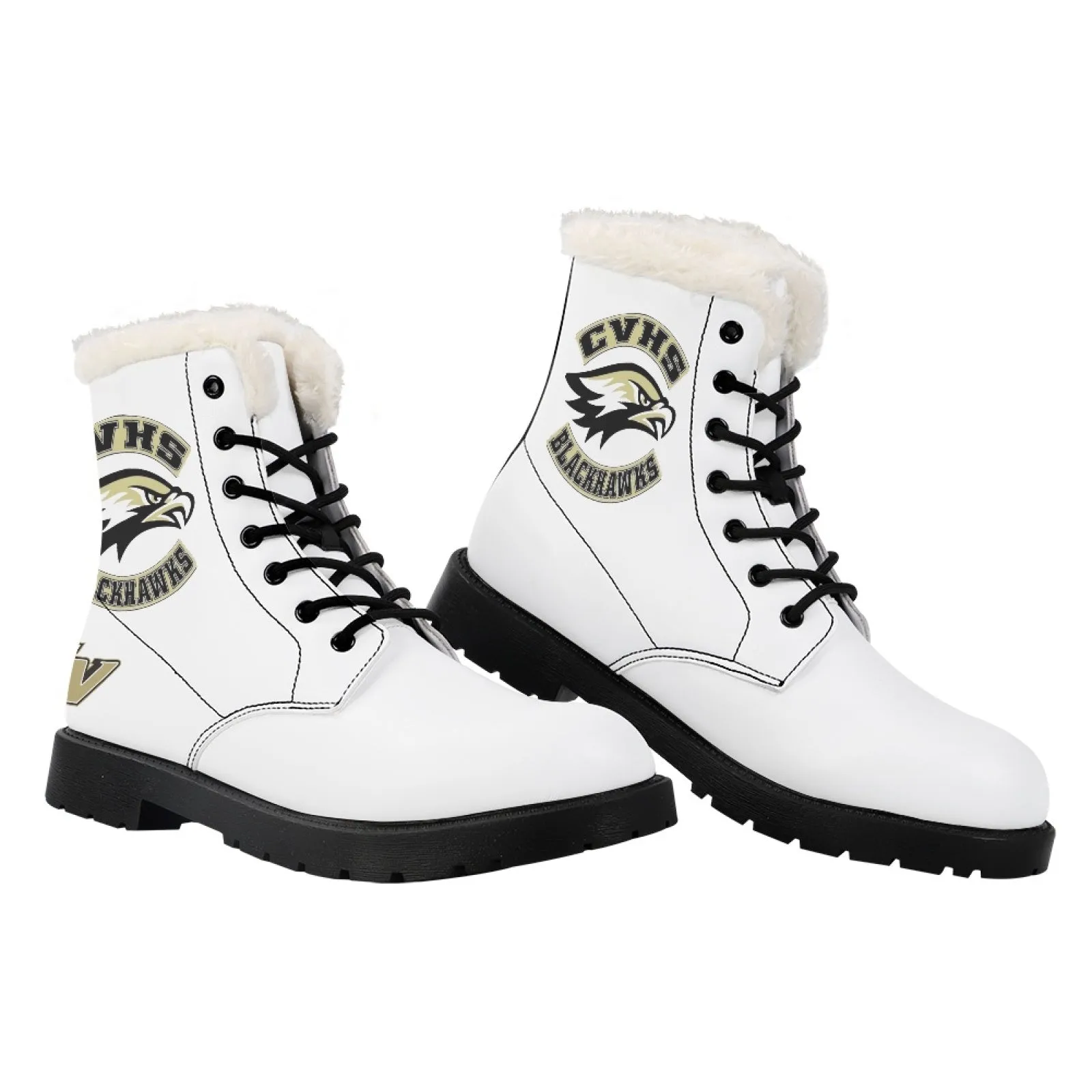 CVHS Seniors Rocker & CV Logo Women's Fur Top Combat Style Boots Blackhawk Gold LA Blue Black White