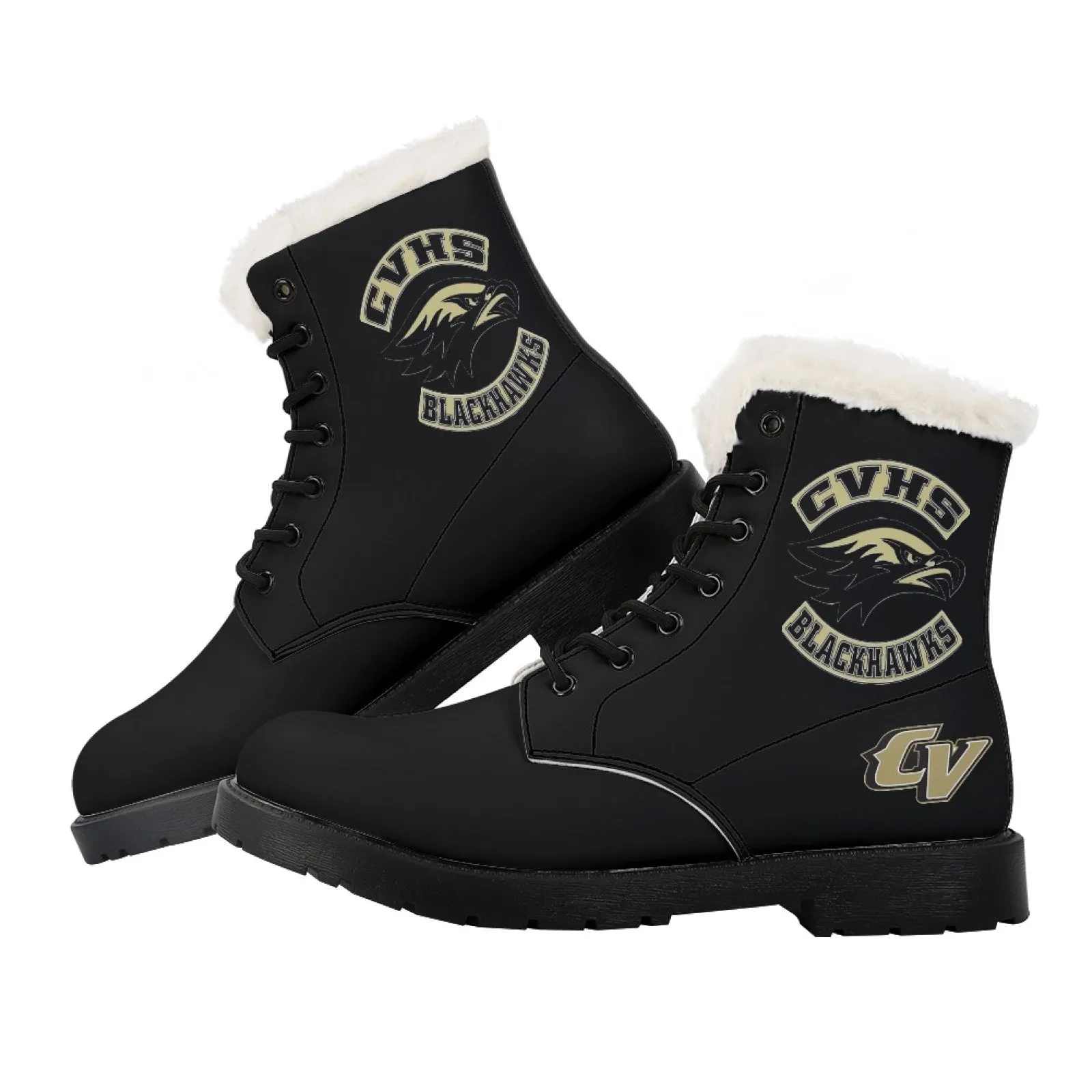 CVHS Seniors Rocker & CV Logo Women's Fur Top Combat Style Boots Blackhawk Gold LA Blue Black White