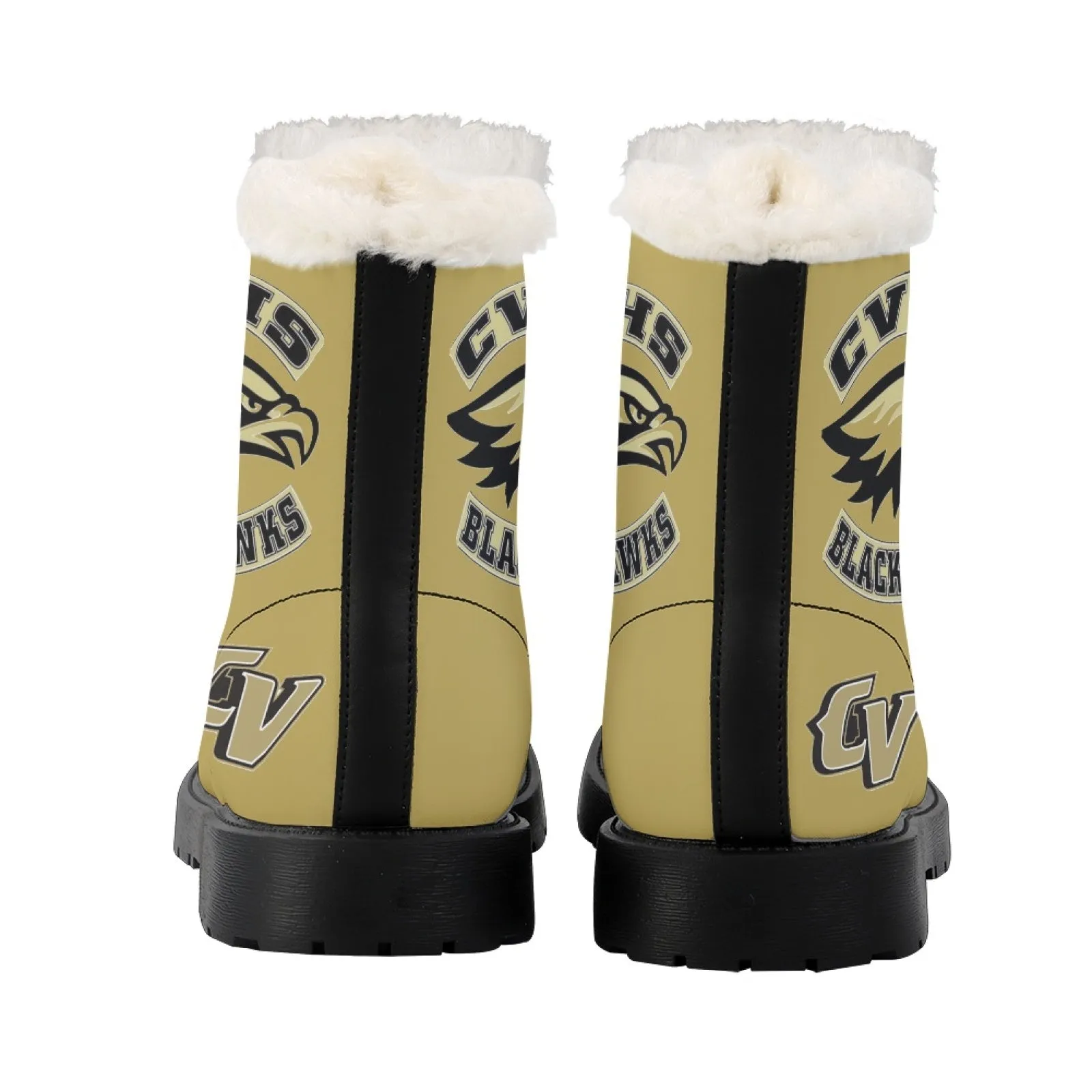 CVHS Seniors Rocker & CV Logo Women's Fur Top Combat Style Boots Blackhawk Gold LA Blue Black White