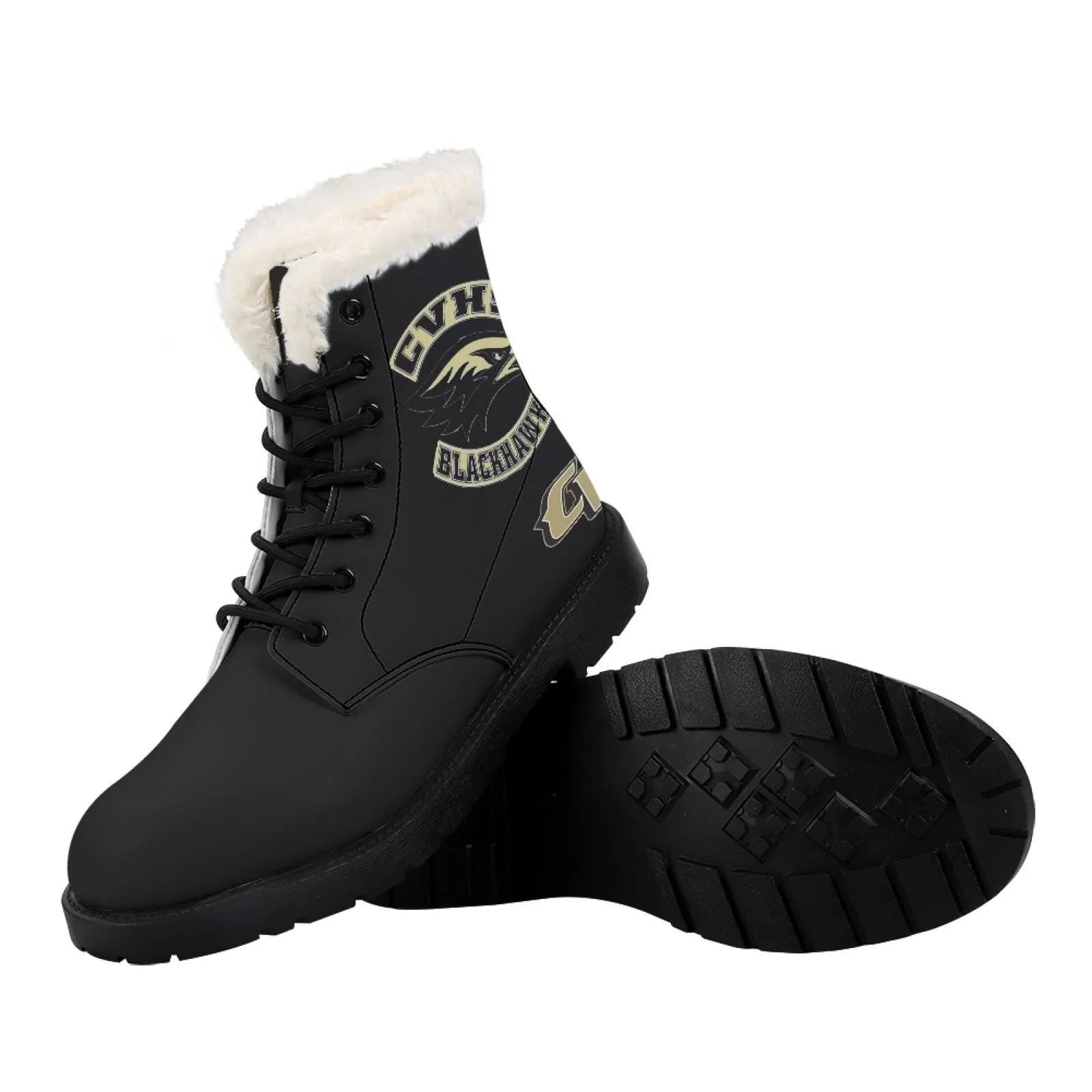 CVHS Seniors Rocker & CV Logo Women's Fur Top Combat Style Boots Blackhawk Gold LA Blue Black White