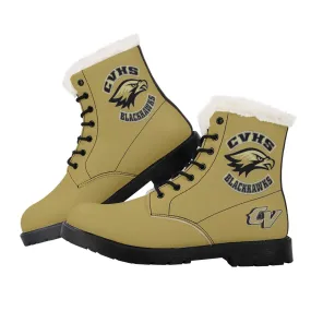 CVHS Seniors Rocker & CV Logo Women's Fur Top Combat Style Boots Blackhawk Gold LA Blue Black White