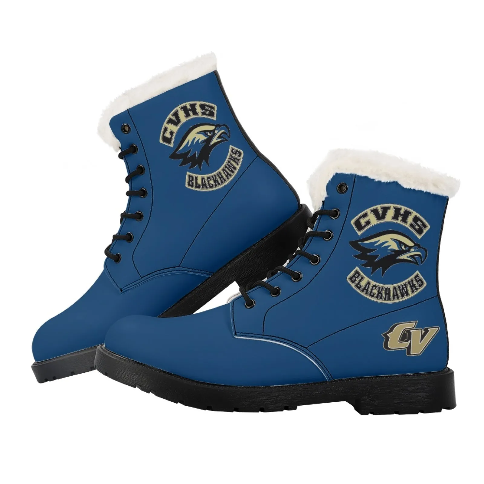CVHS Seniors Rocker & CV Logo Women's Fur Top Combat Style Boots Blackhawk Gold LA Blue Black White