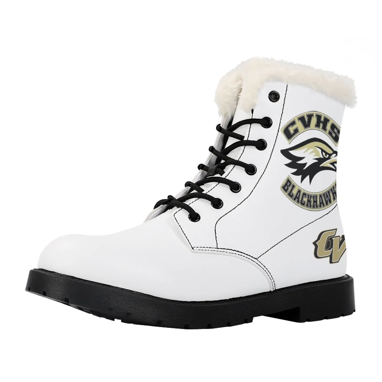 CVHS Seniors Rocker & CV Logo Women's Fur Top Combat Style Boots Blackhawk Gold LA Blue Black White