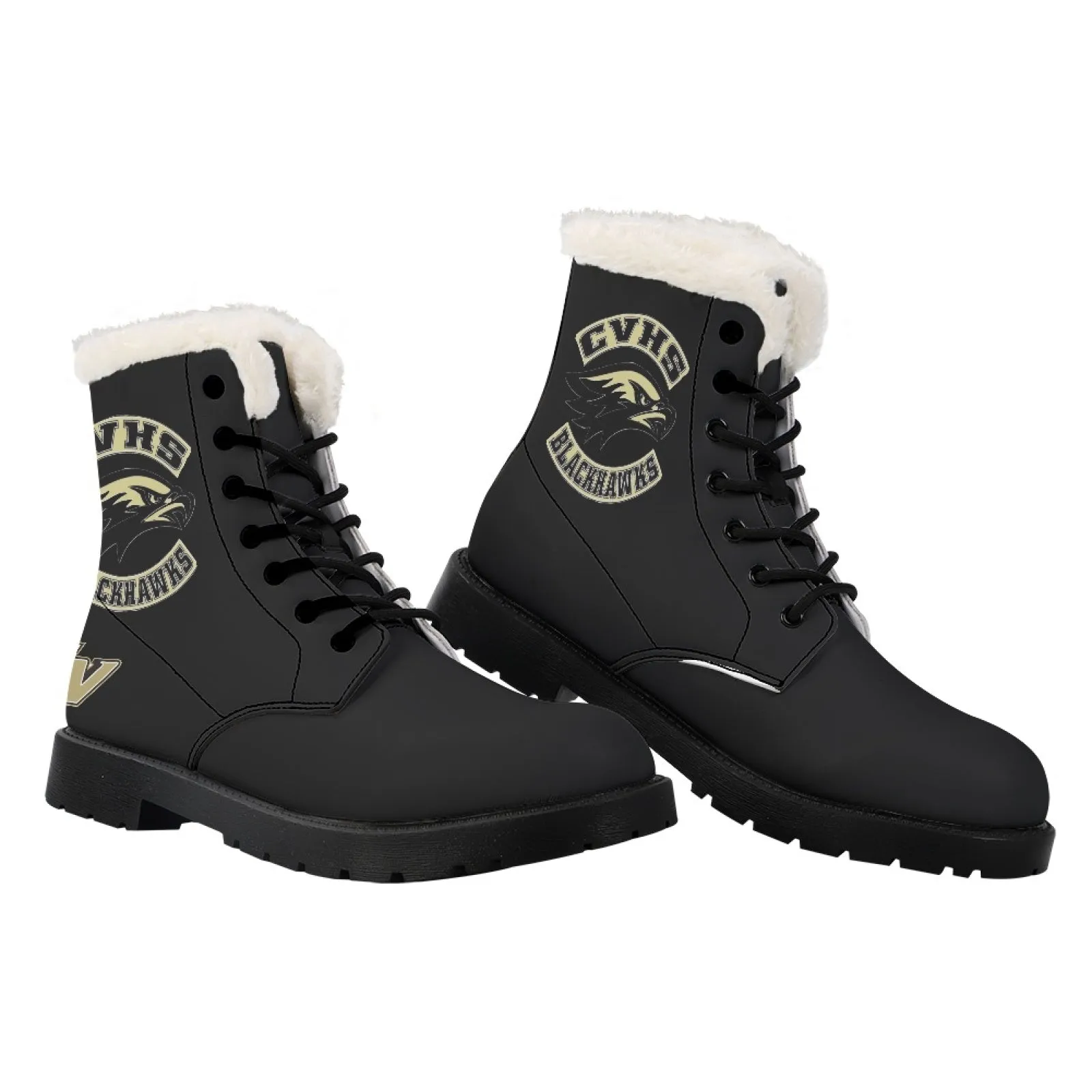 CVHS Seniors Rocker & CV Logo Women's Fur Top Combat Style Boots Blackhawk Gold LA Blue Black White