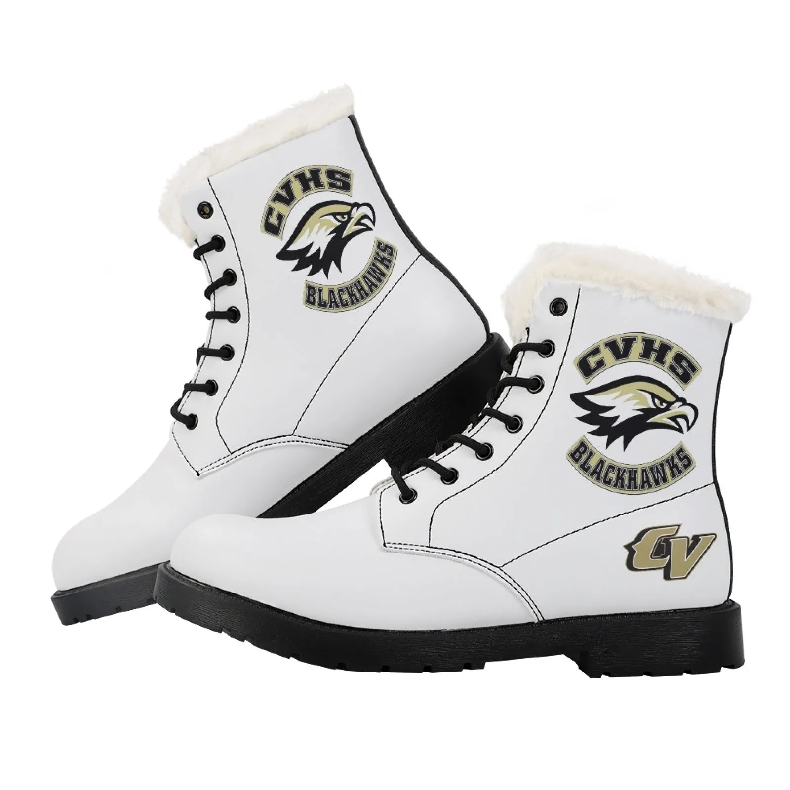 CVHS Seniors Rocker & CV Logo Women's Fur Top Combat Style Boots Blackhawk Gold LA Blue Black White