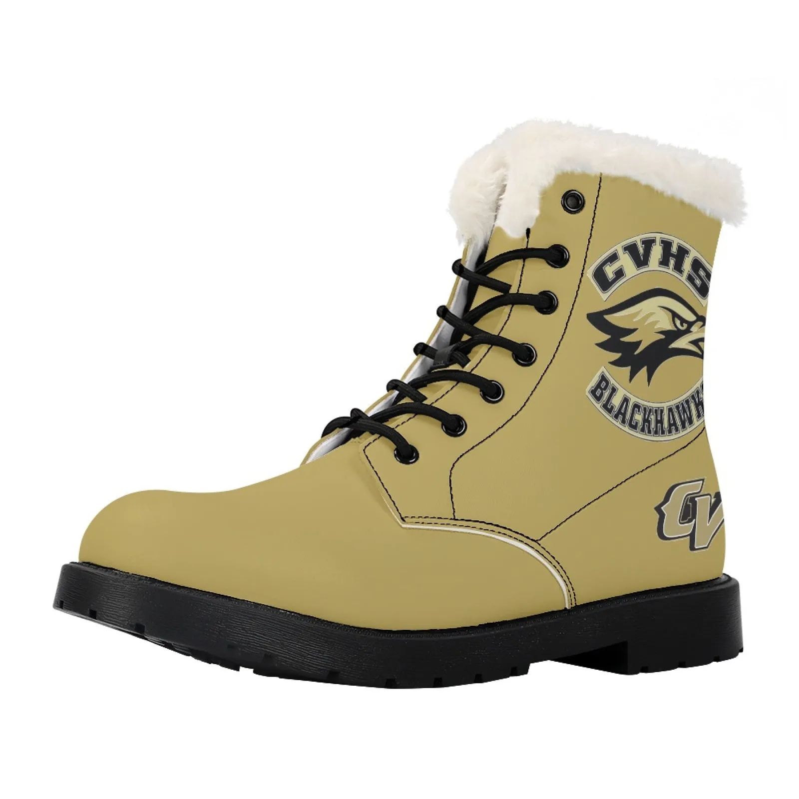 CVHS Seniors Rocker & CV Logo Women's Fur Top Combat Style Boots Blackhawk Gold LA Blue Black White