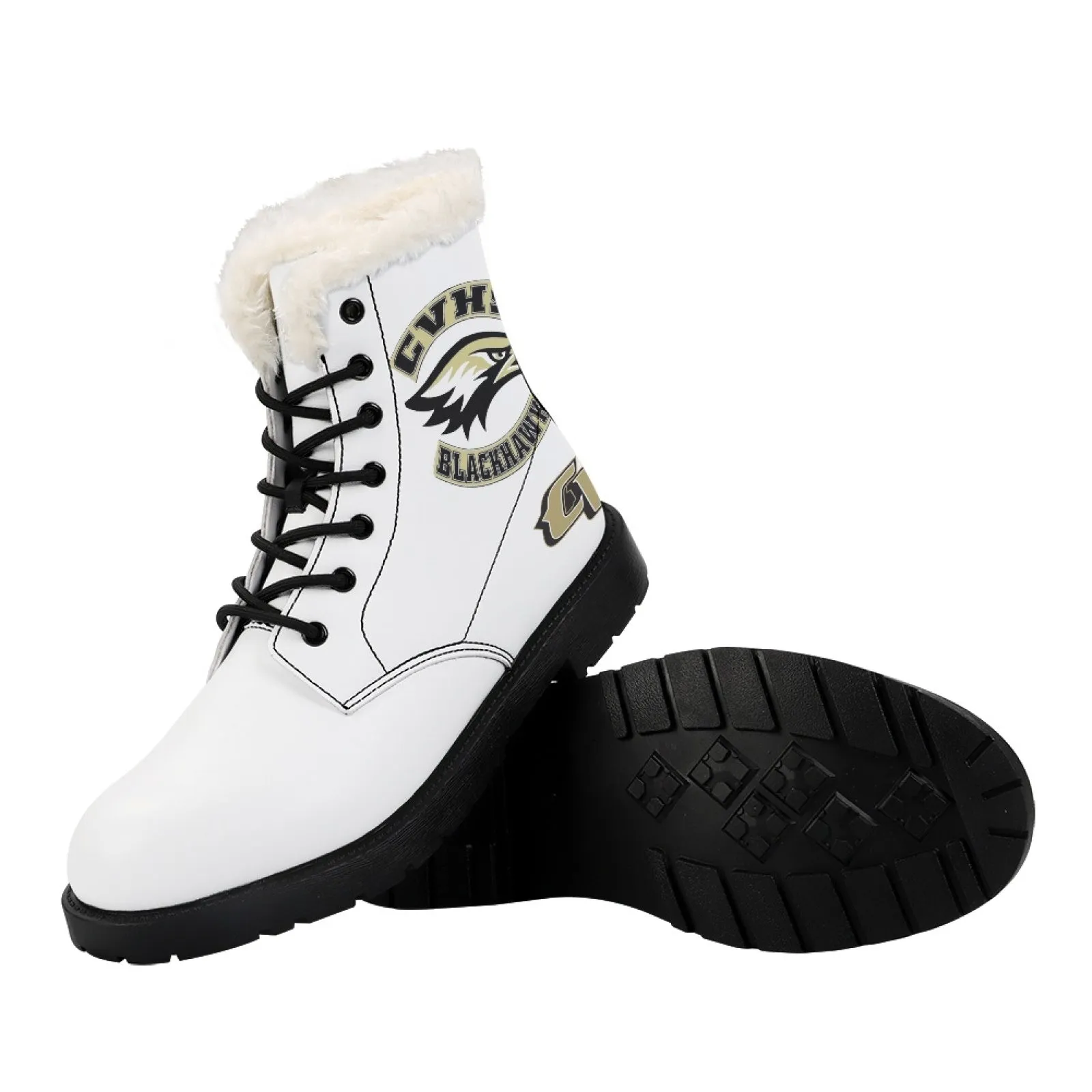 CVHS Seniors Rocker & CV Logo Women's Fur Top Combat Style Boots Blackhawk Gold LA Blue Black White